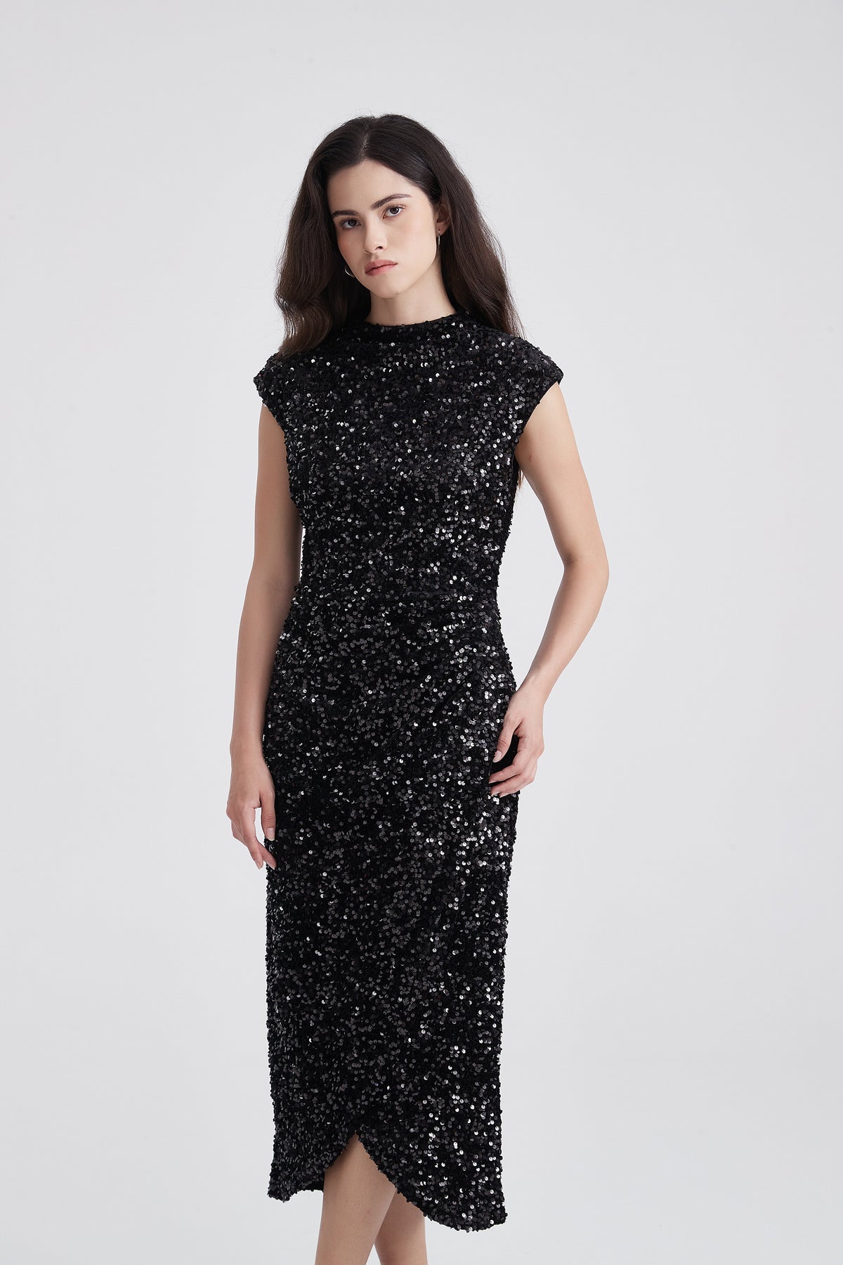 Sleeveless Sequin Midi Dress with High Neck