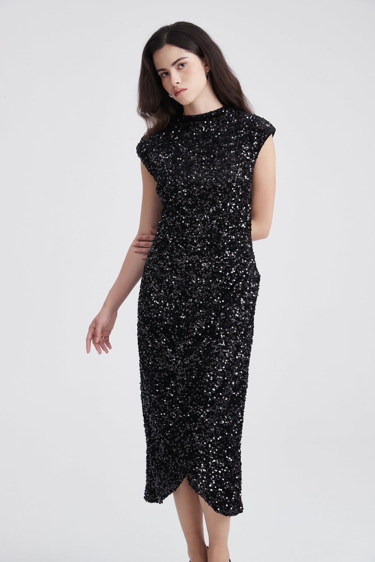 Sleeveless Sequin Midi Dress with High Neck