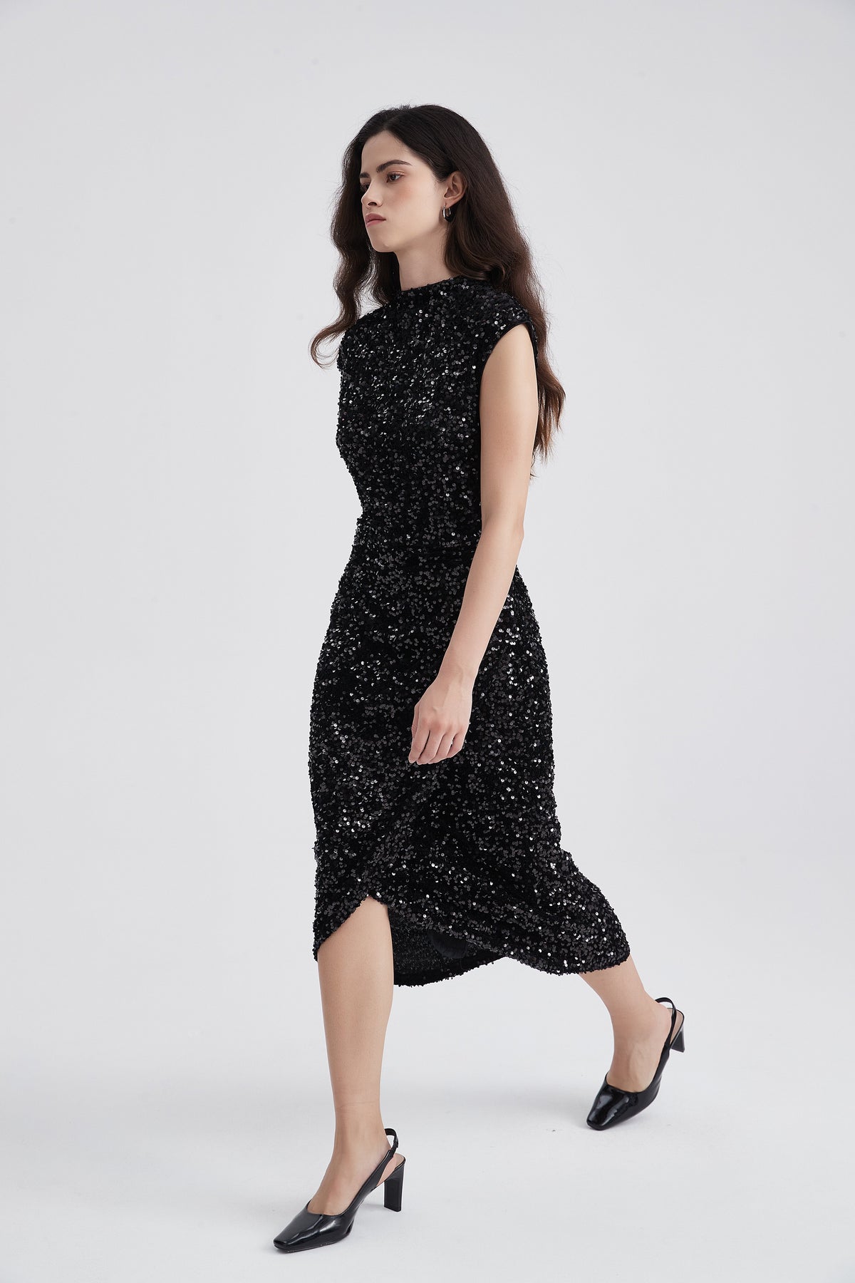 Sleeveless Sequin Midi Dress with High Neck