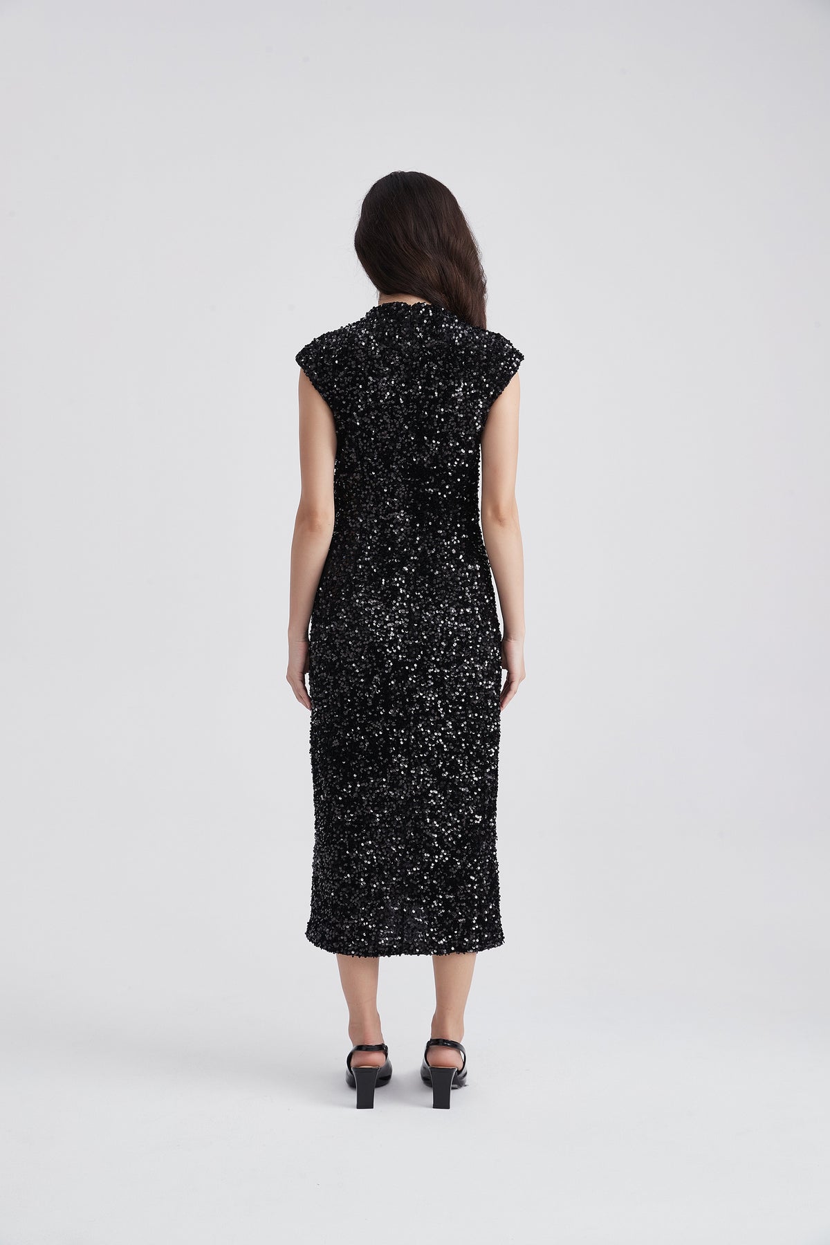 Sleeveless Sequin Midi Dress with High Neck