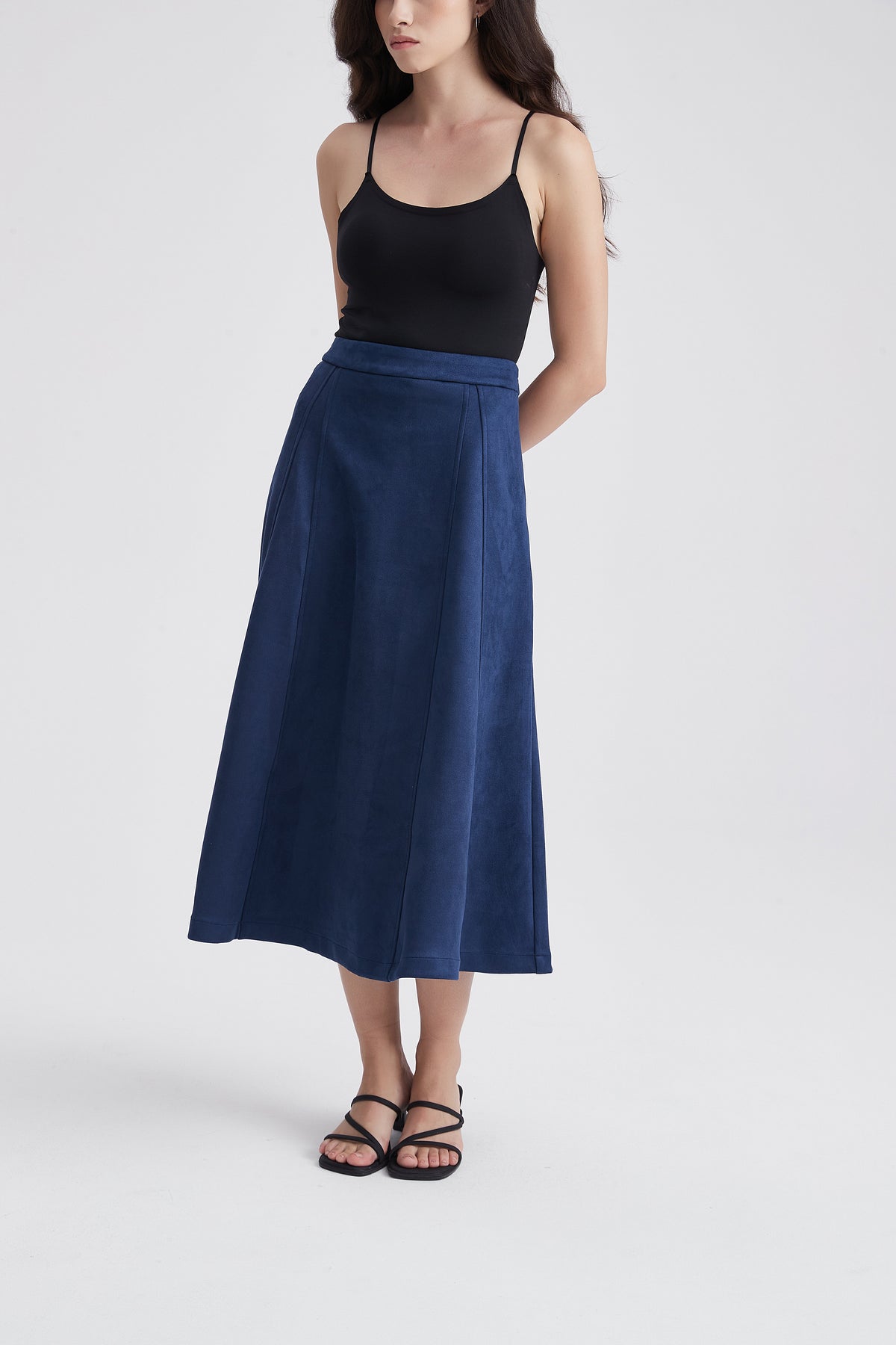 Wide Midi Skirt with Suede-Look Finish