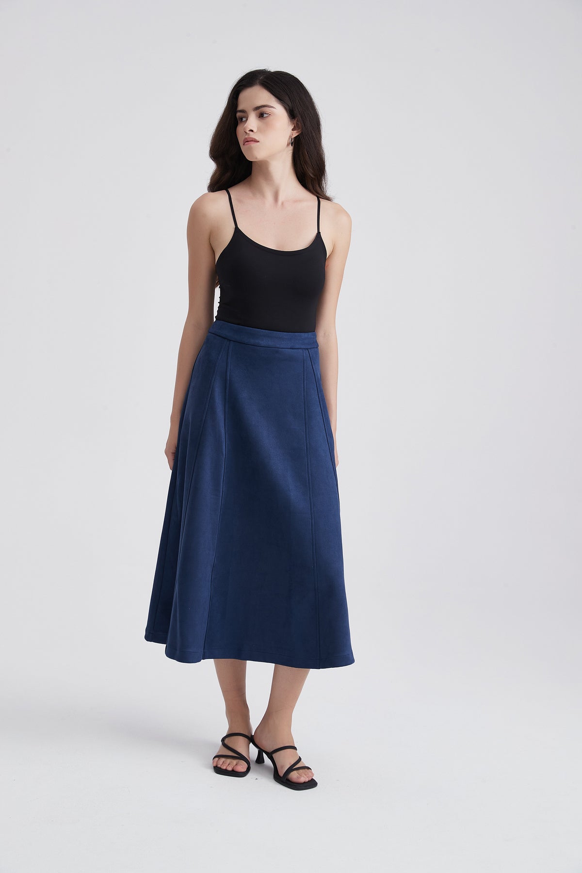 Wide Midi Skirt with Suede-Look Finish