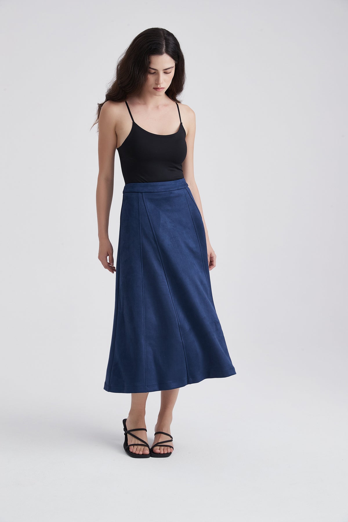 Wide Midi Skirt with Suede-Look Finish
