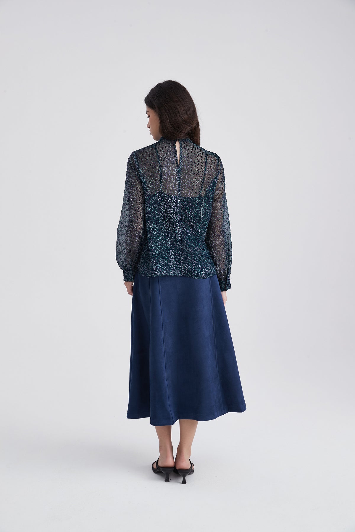 Printed Long-Sleeve Blouse with Neckline Cutout