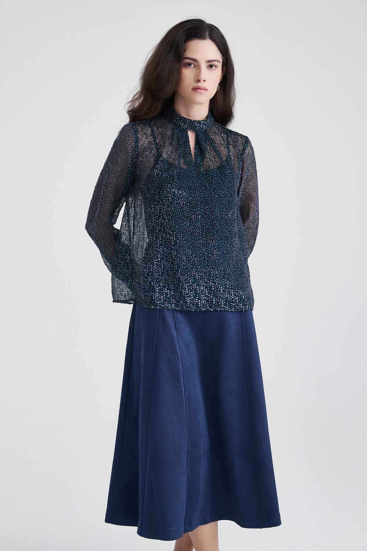 Printed Long-Sleeve Blouse with Neckline Cutout