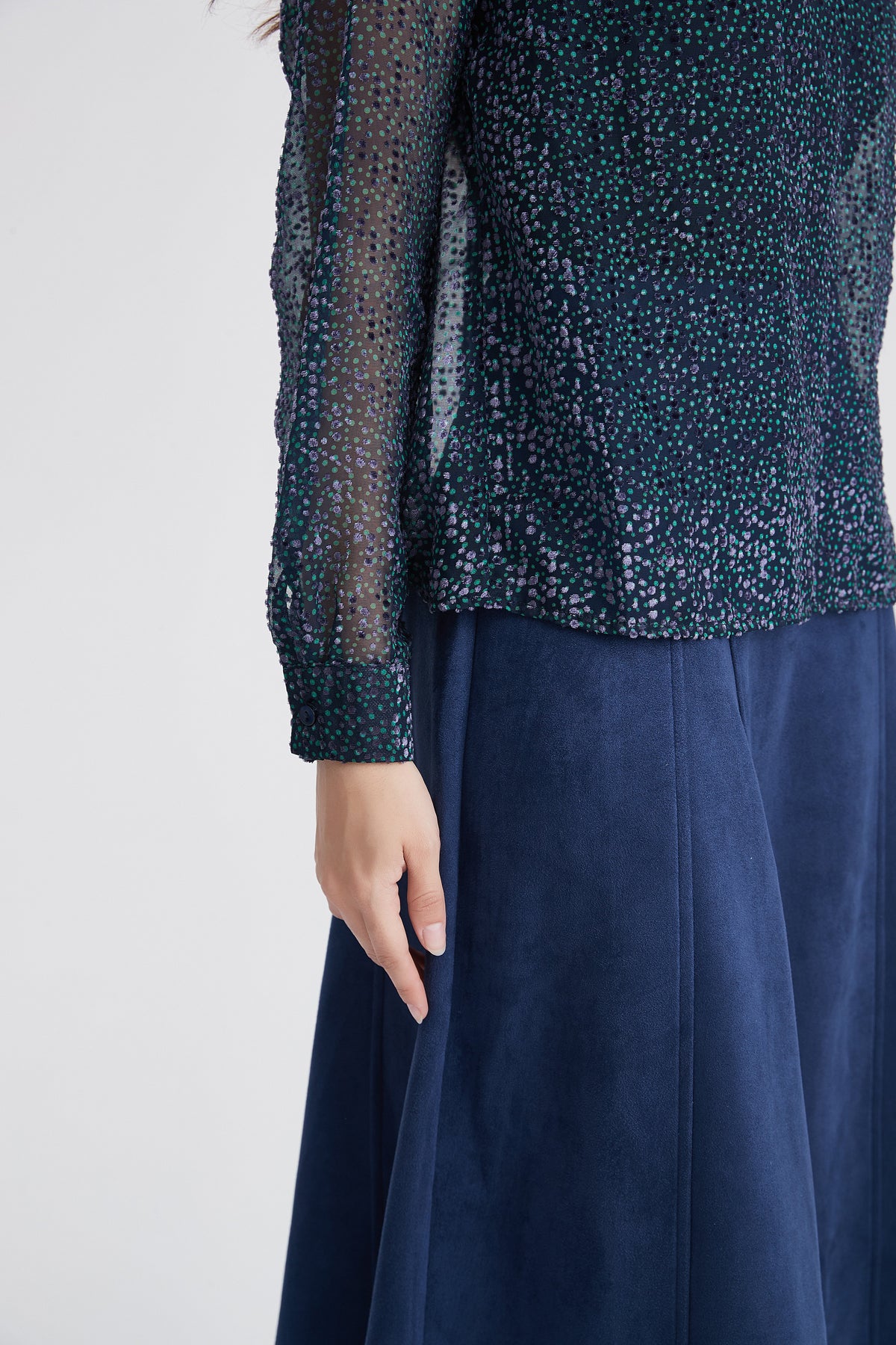 Printed Long-Sleeve Blouse with Neckline Cutout