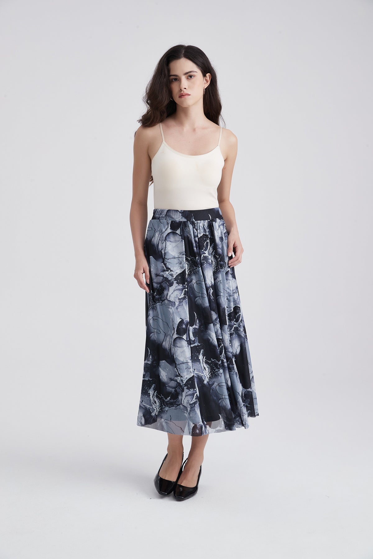 Wide Midi Skirt with Abstract Print