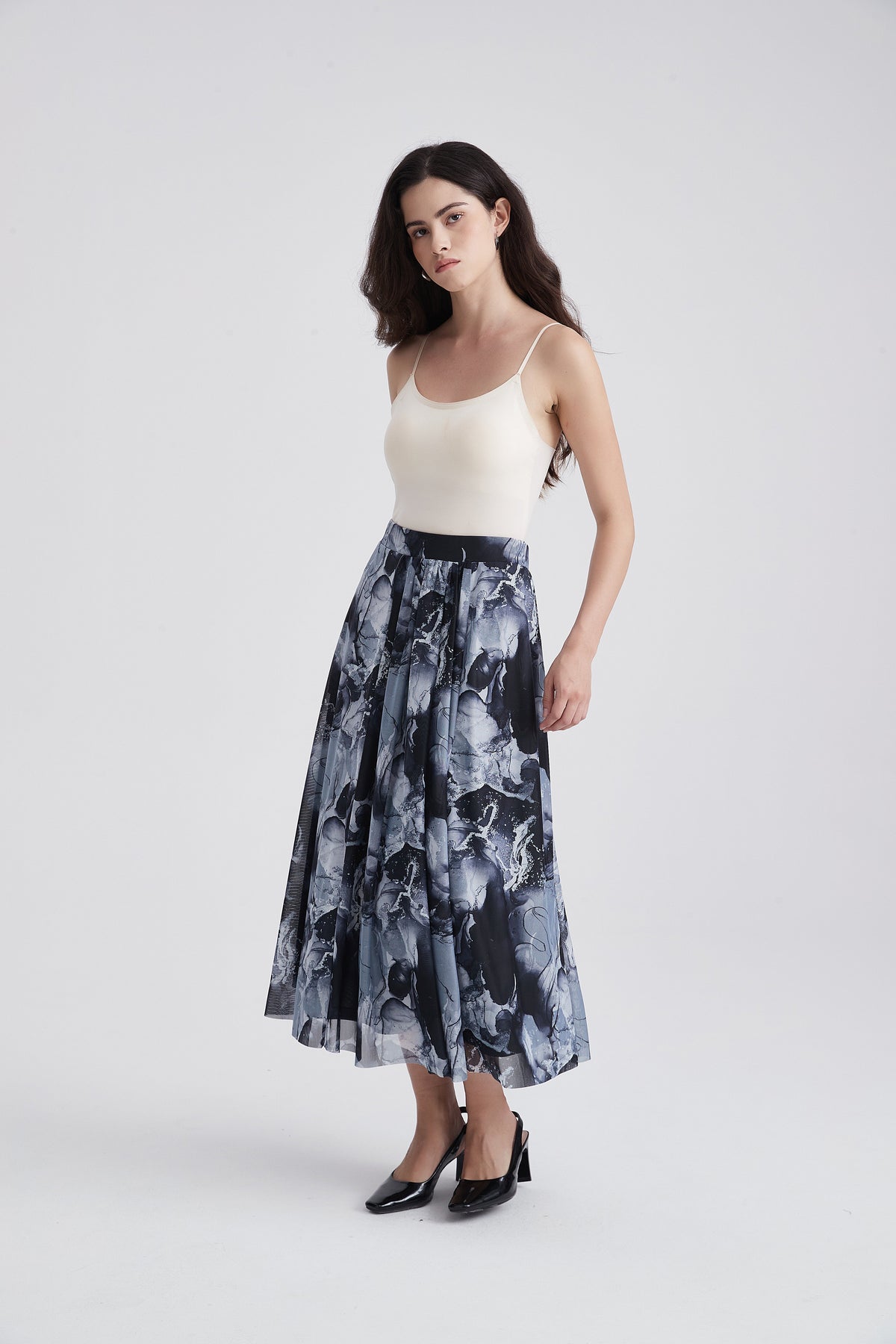 Wide Midi Skirt with Abstract Print
