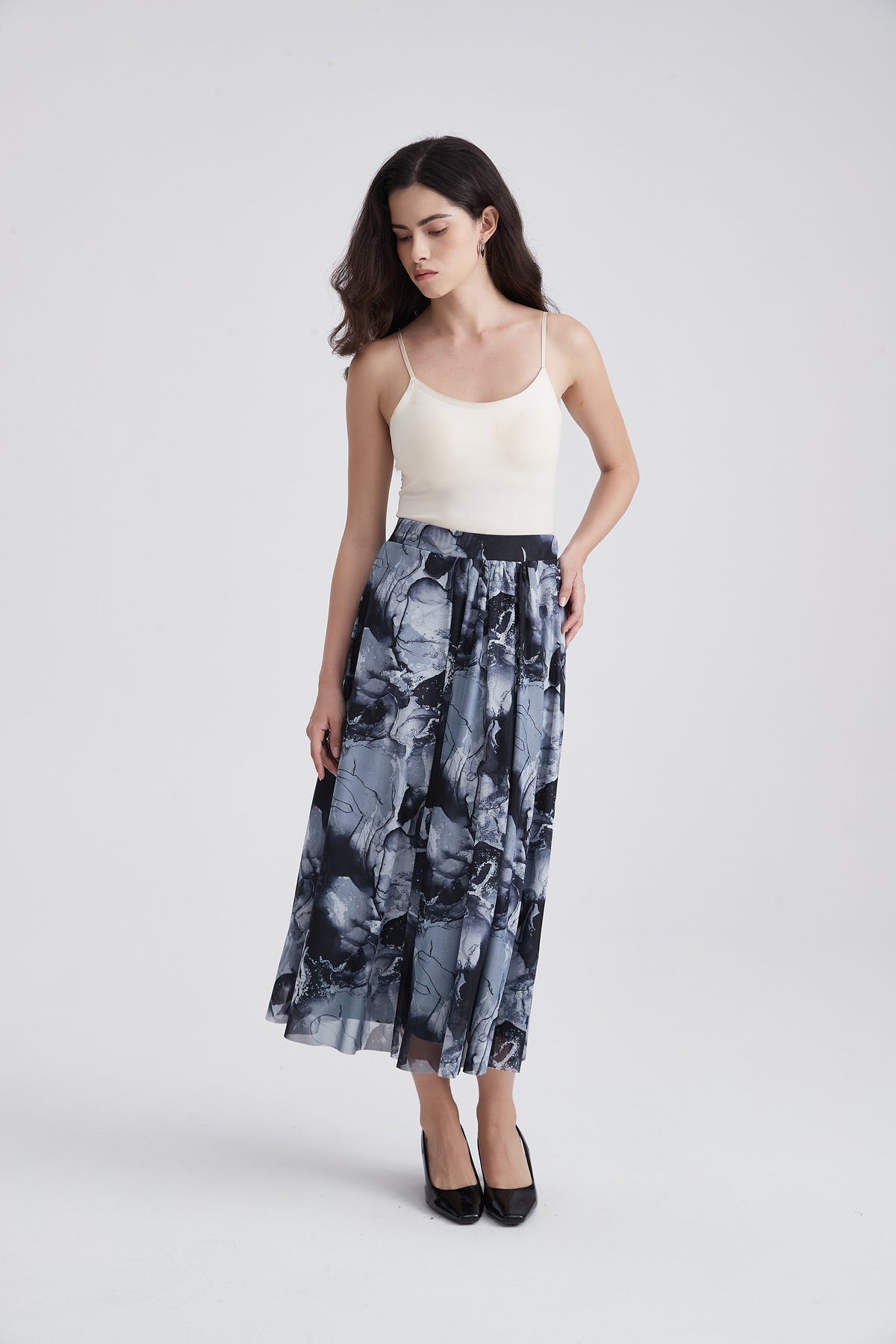 Wide Midi Skirt with Abstract Print
