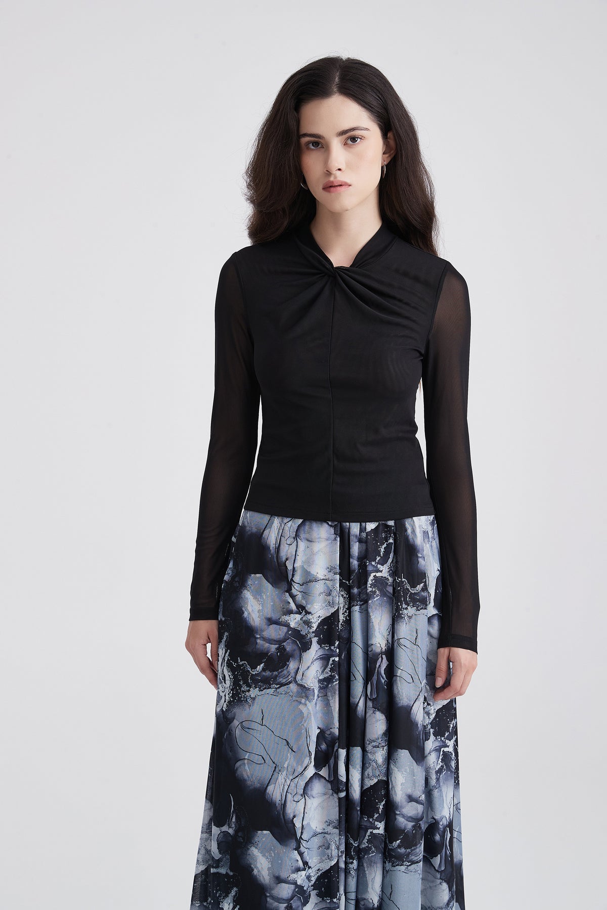 Long-Sleeve Blouse with Front Knot and Sheer Sleeves
