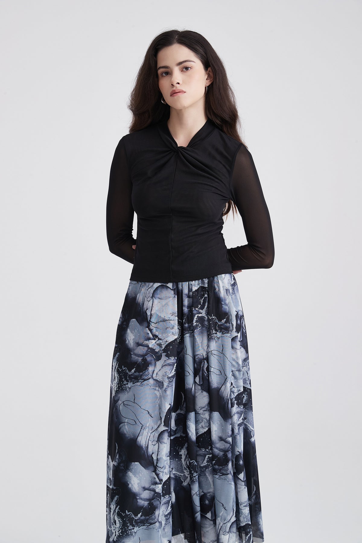 Long-Sleeve Blouse with Front Knot and Sheer Sleeves