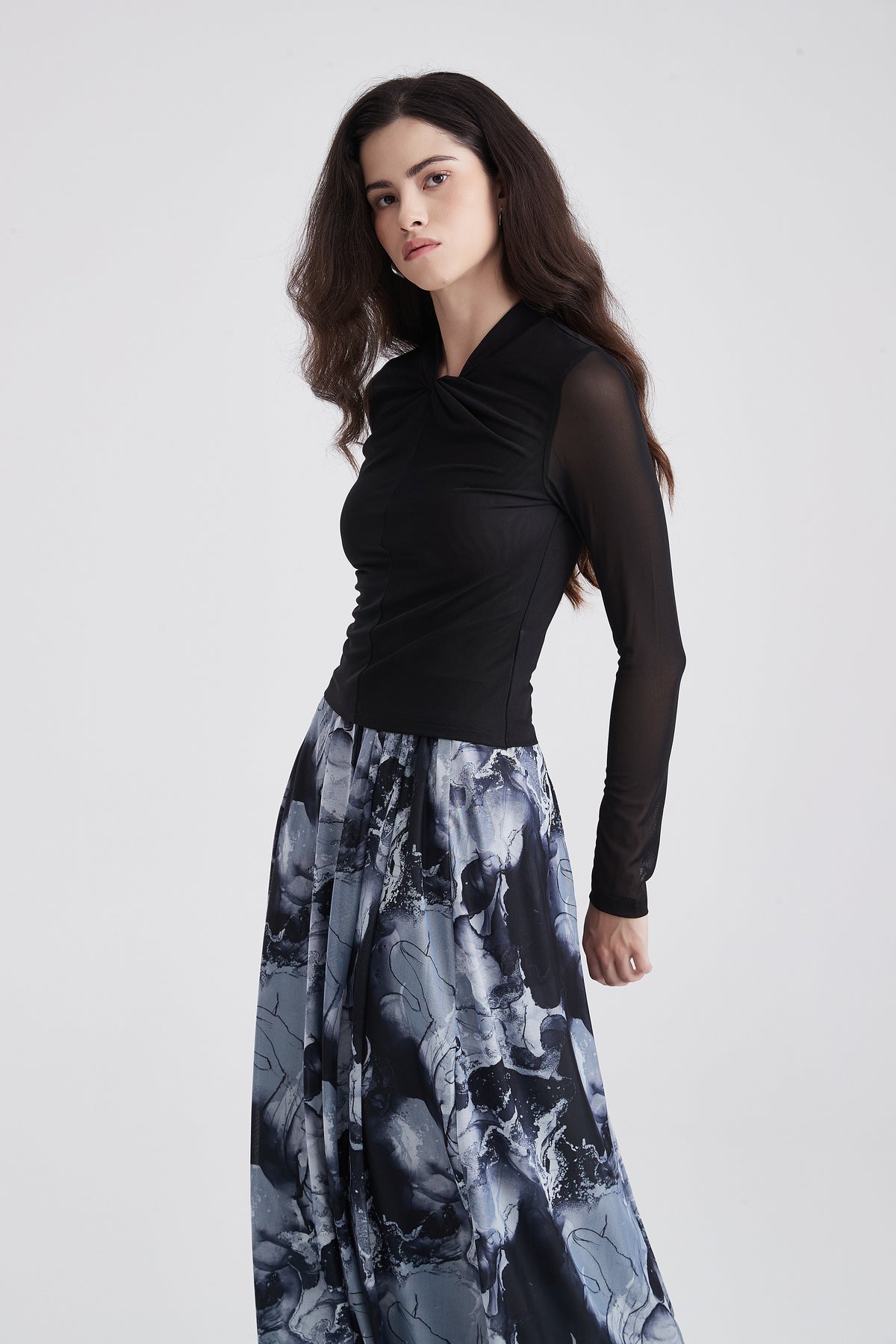 Long-Sleeve Blouse with Front Knot and Sheer Sleeves