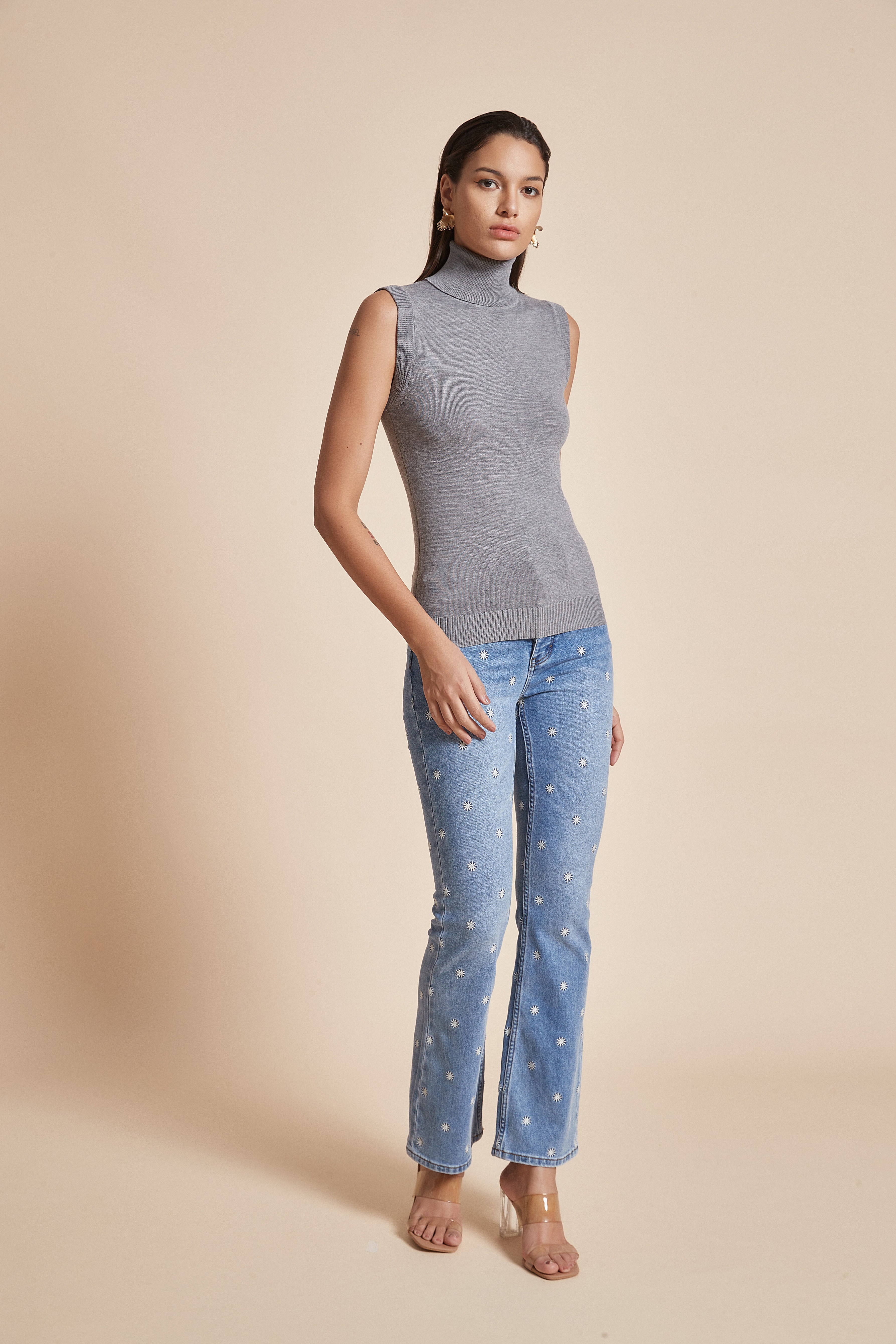 Plain Ribbed High-Neck Blouse with Half Sleeves