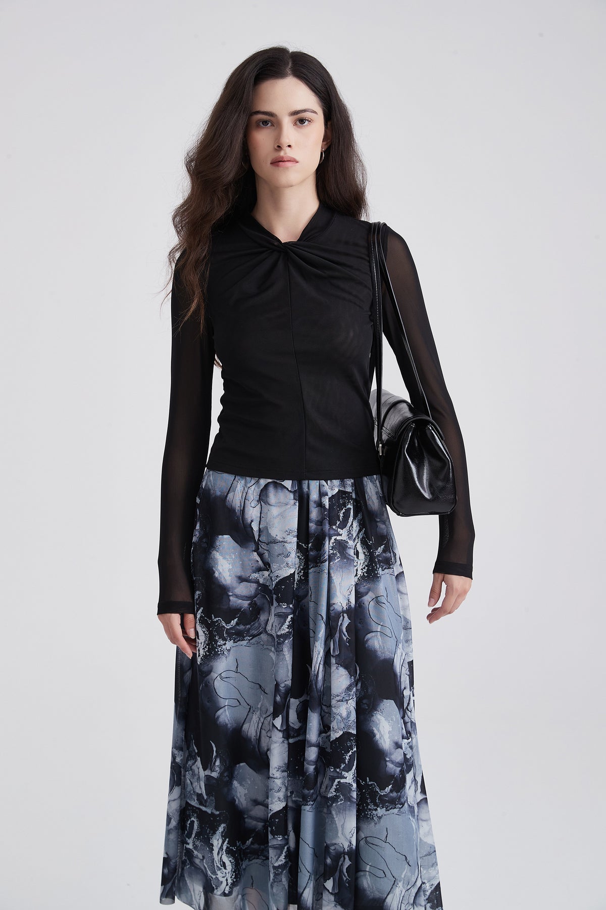 Long-Sleeve Blouse with Front Knot and Sheer Sleeves