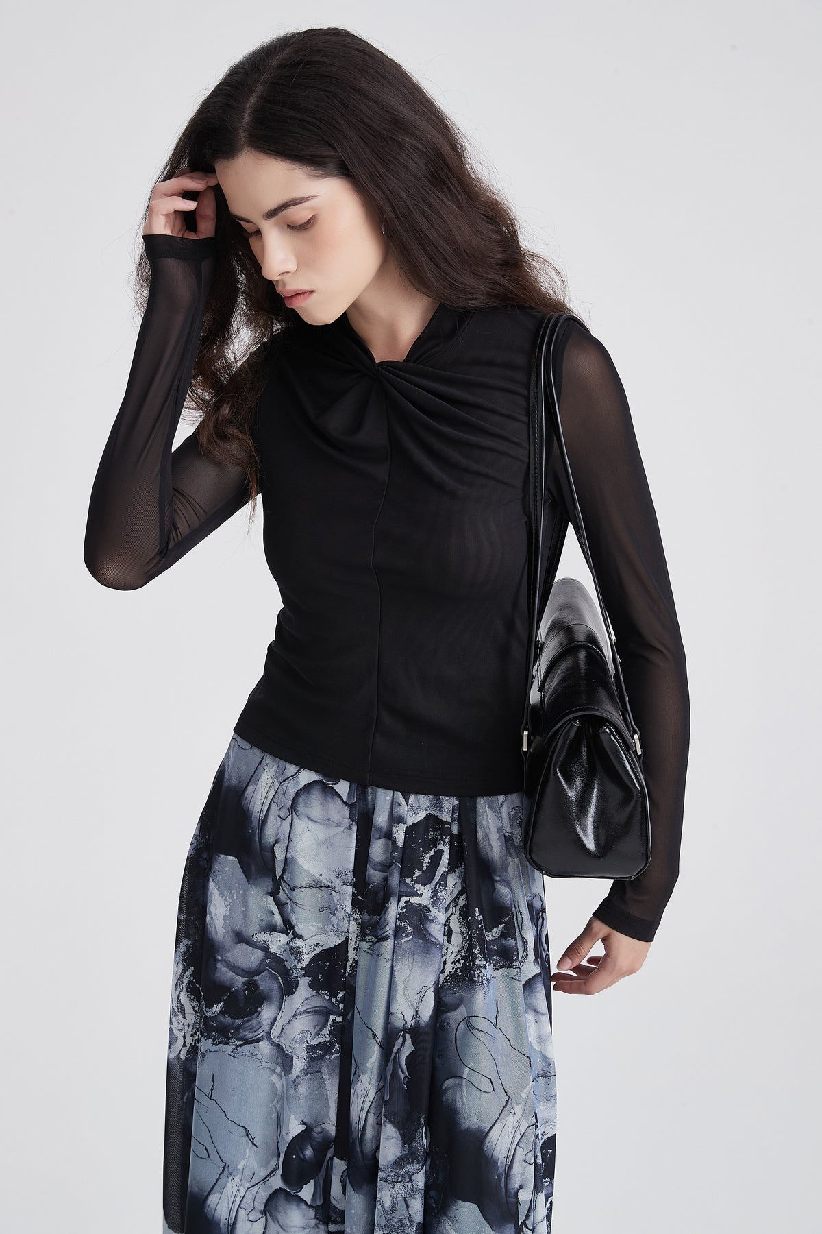 Long-Sleeve Blouse with Front Knot and Sheer Sleeves