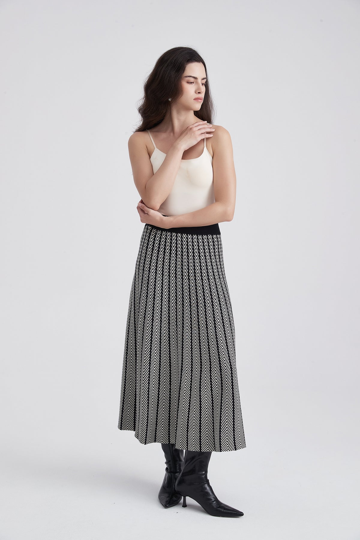 Midi Skirt with Chevron Pattern and Wide Waistband