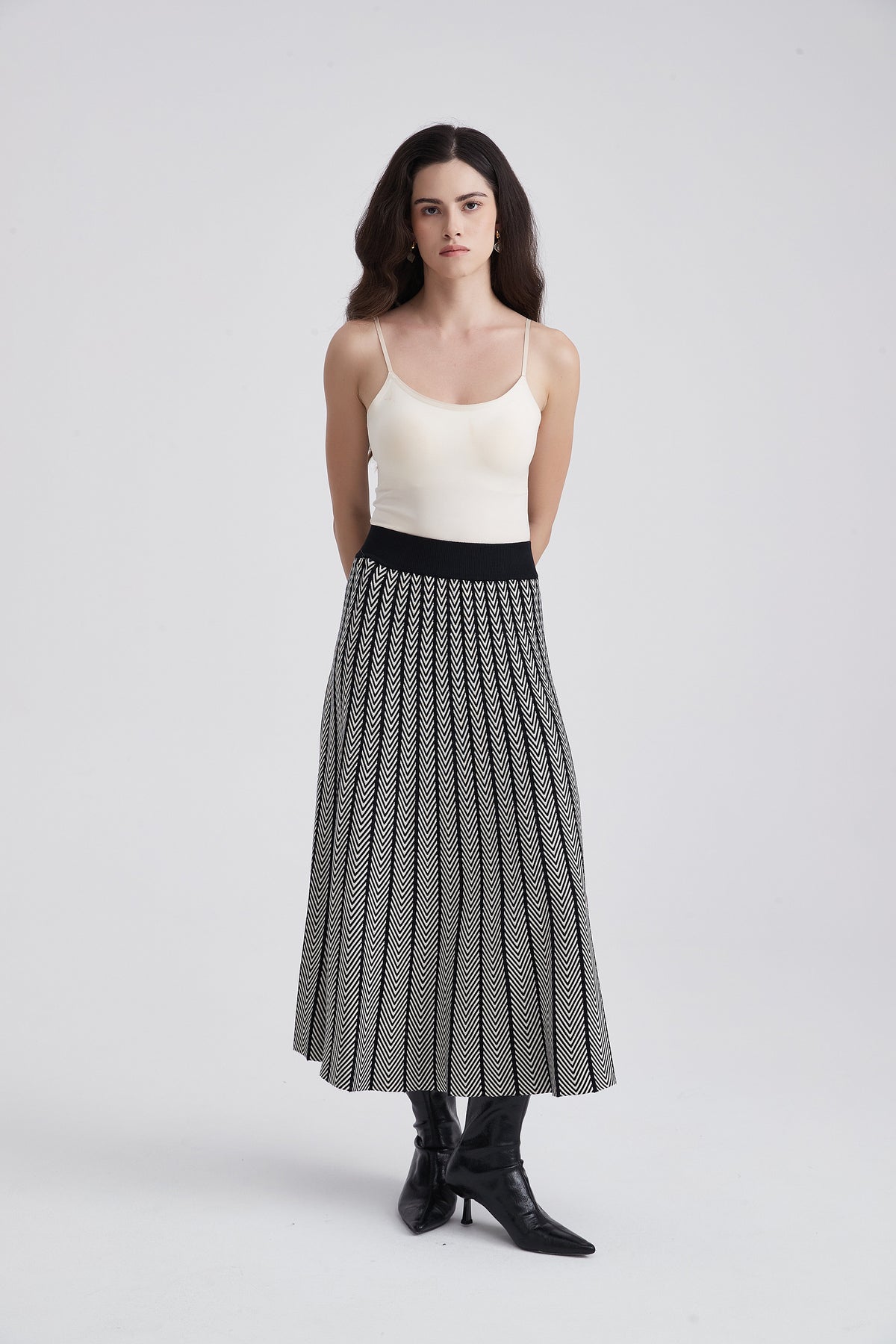 Midi Skirt with Chevron Pattern and Wide Waistband