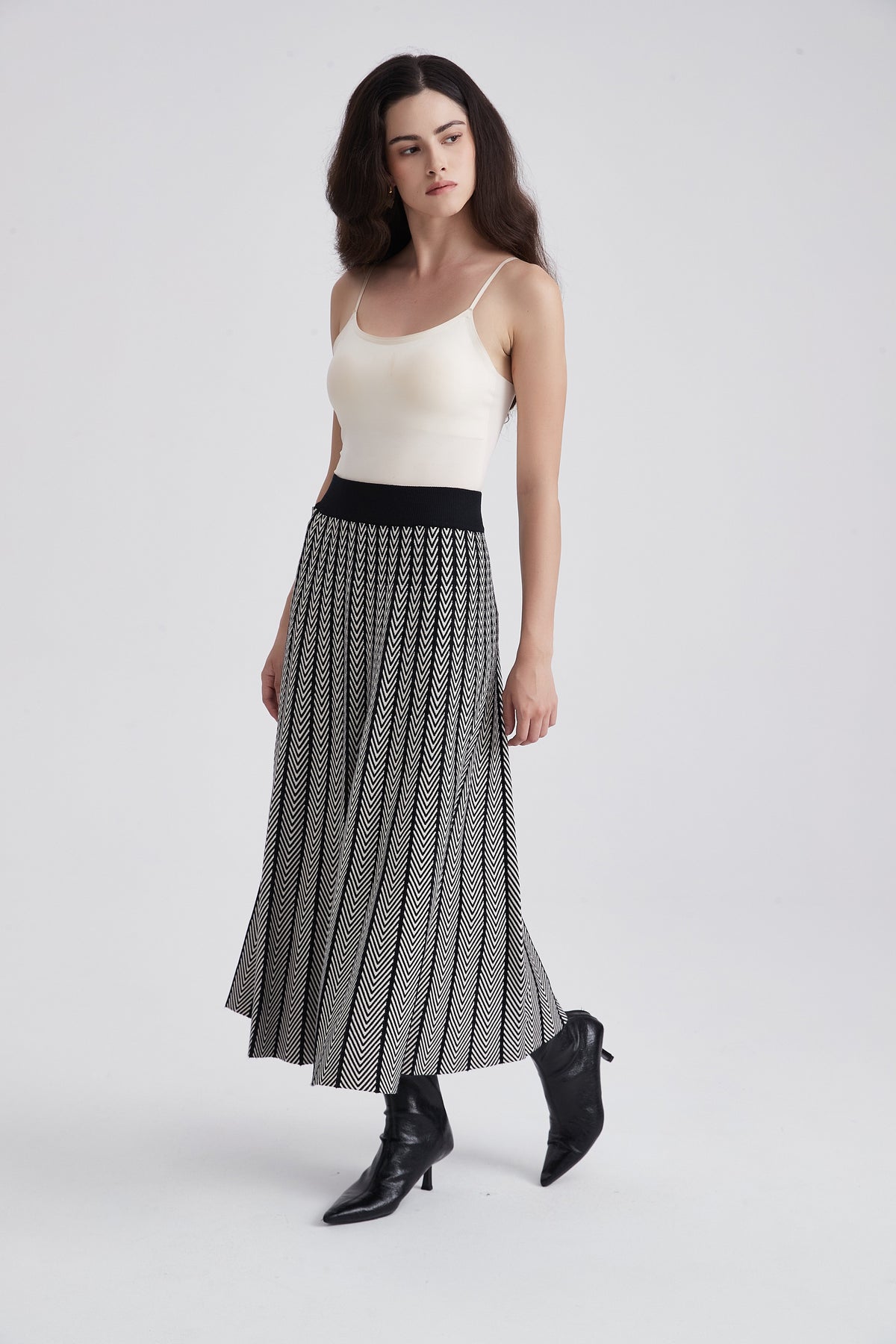 Midi Skirt with Chevron Pattern and Wide Waistband