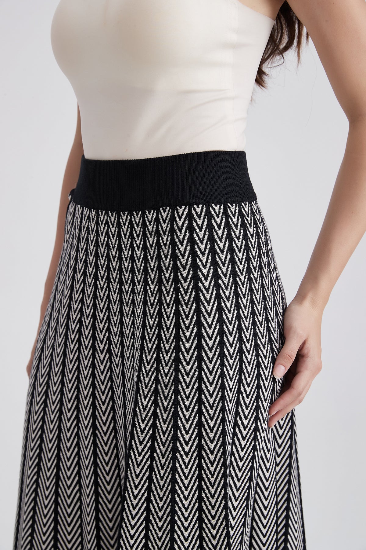 Midi Skirt with Chevron Pattern and Wide Waistband
