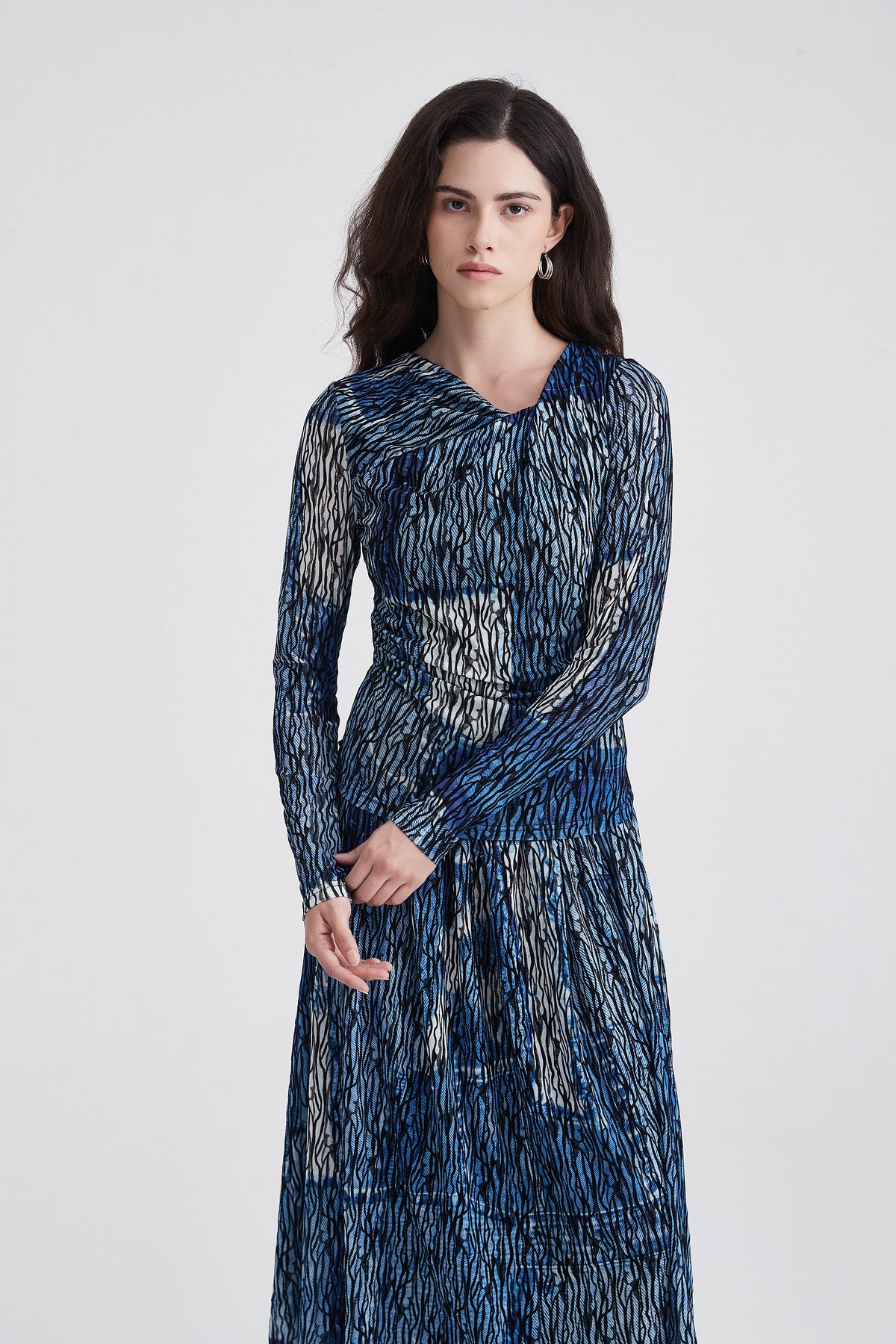 Abstract-Print Long-Sleeve V-Neck Blouse