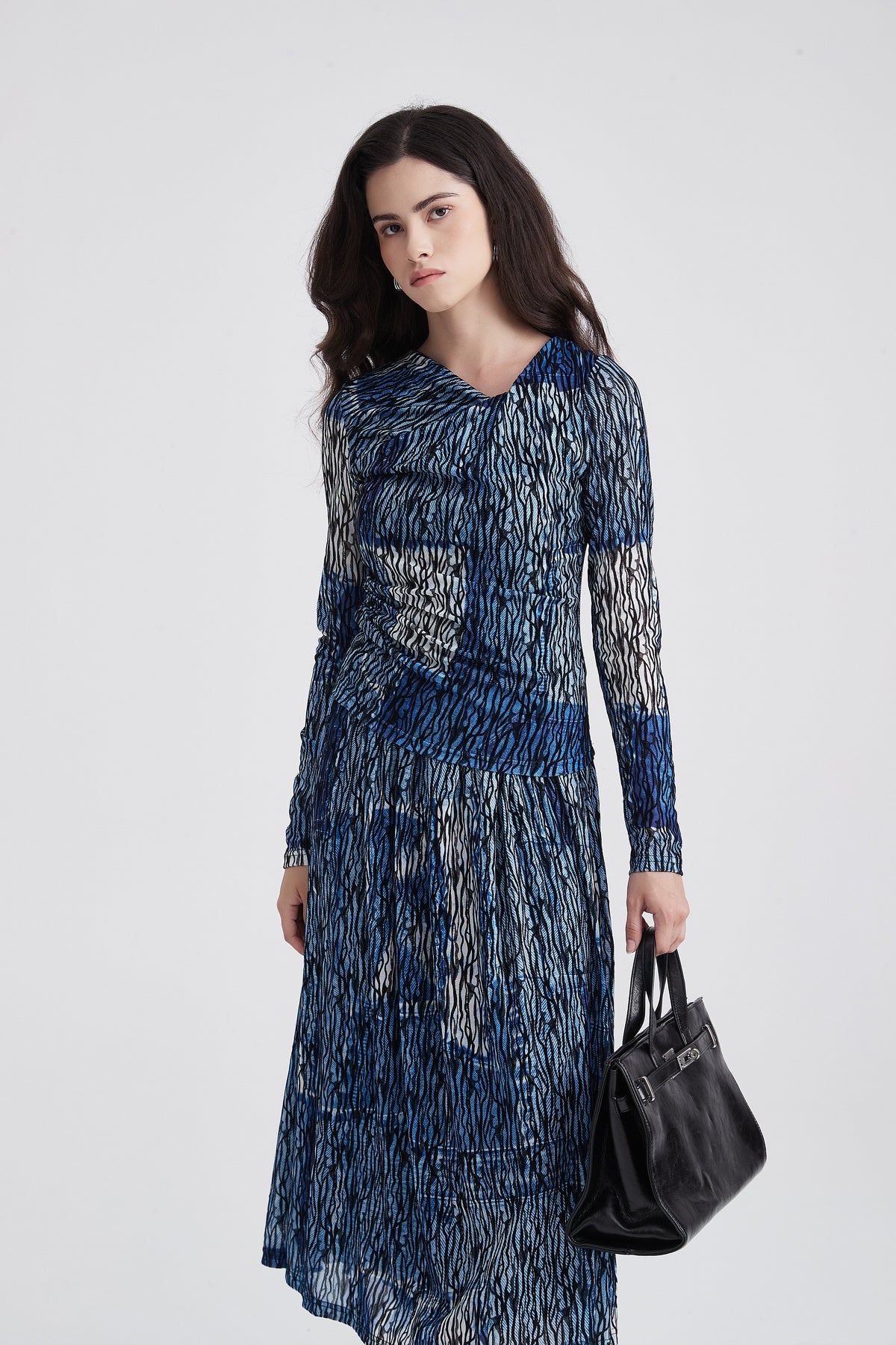 Abstract-Print Long-Sleeve V-Neck Blouse
