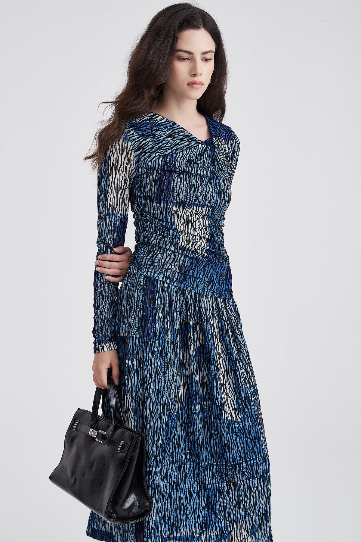 Abstract-Print Long-Sleeve V-Neck Blouse
