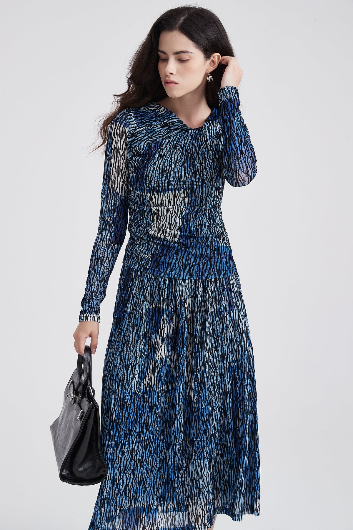 Abstract-Print Long-Sleeve V-Neck Blouse