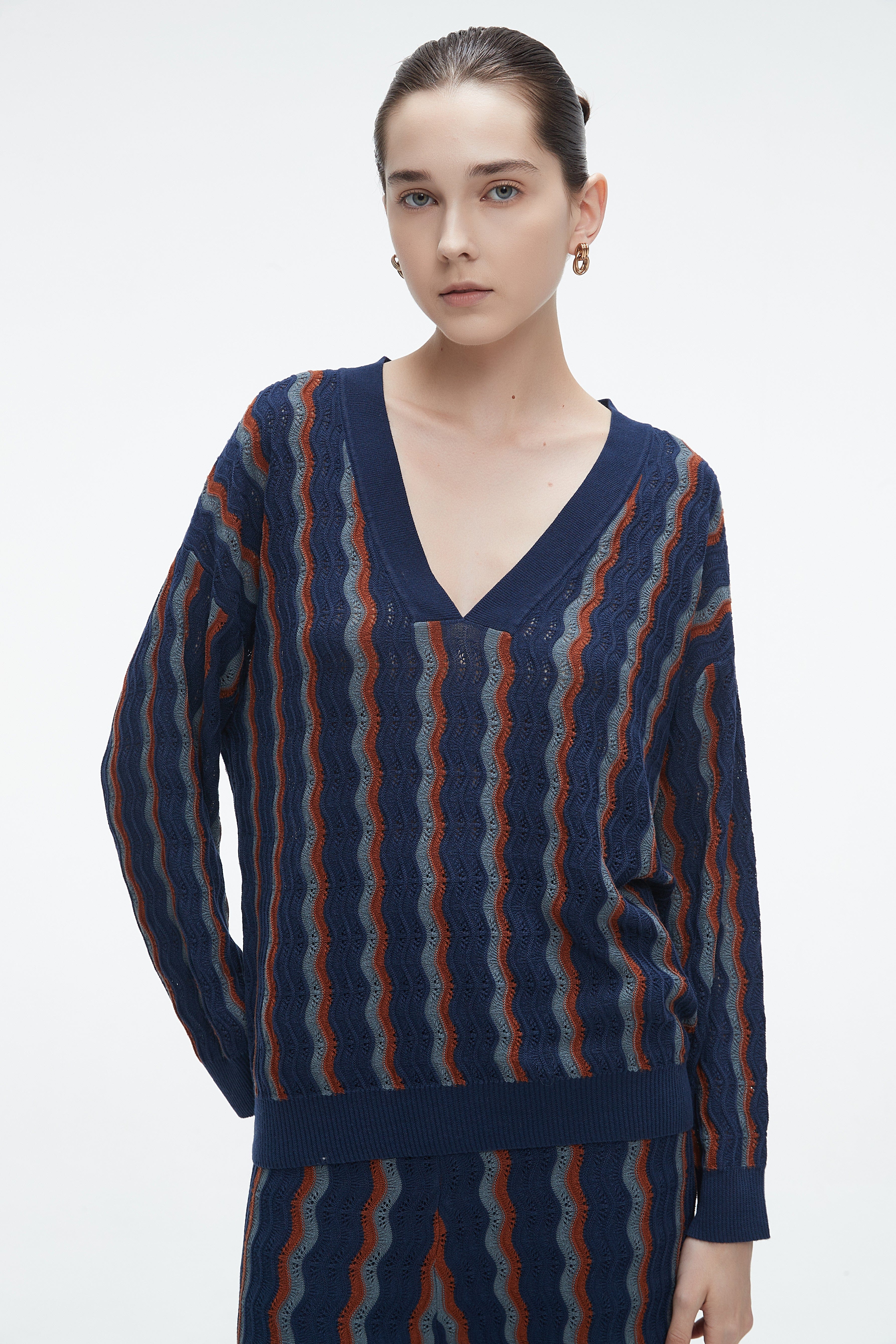 Winter Blouse With A V-Neck, Vertically Striped