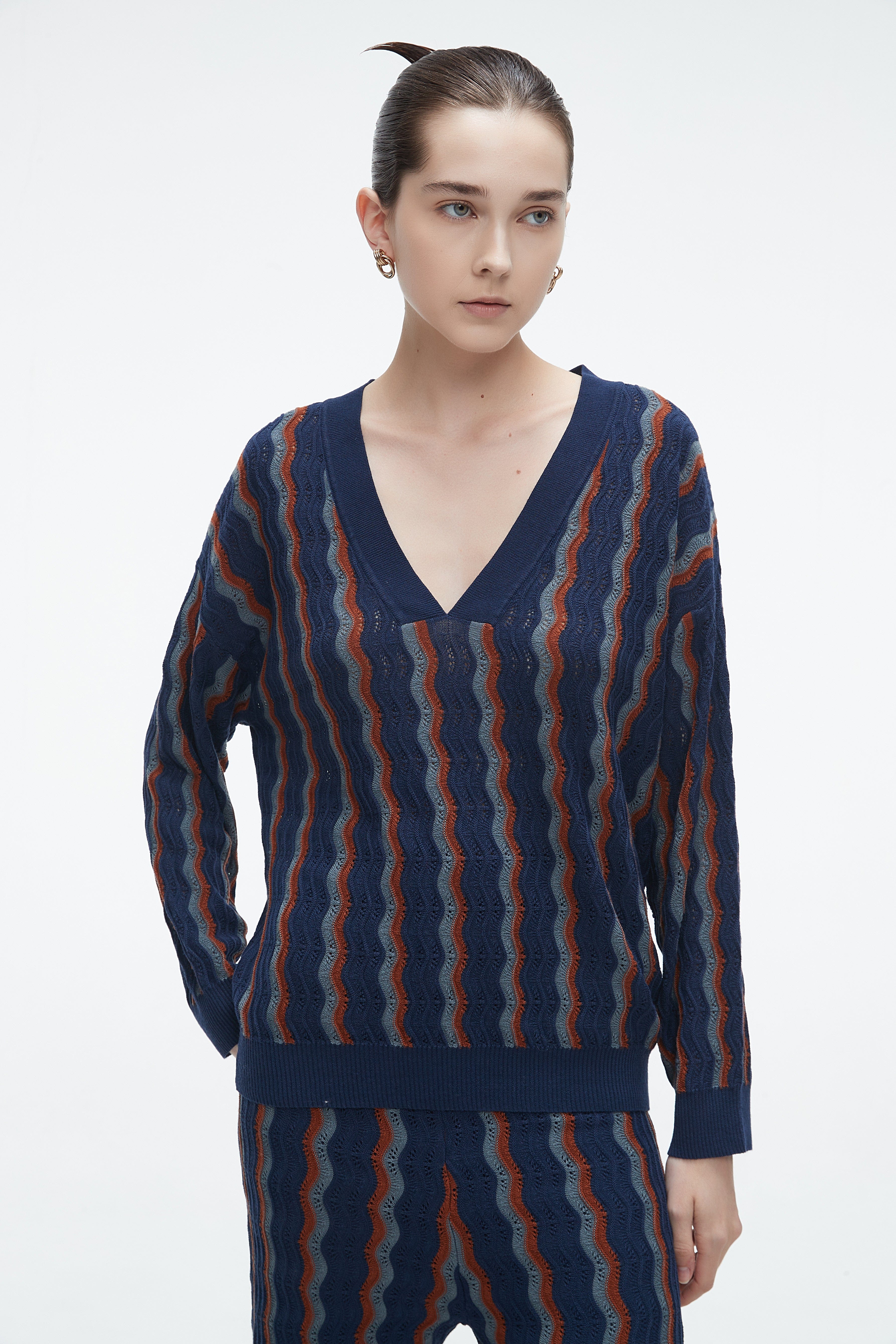 Winter Blouse With A V-Neck, Vertically Striped
