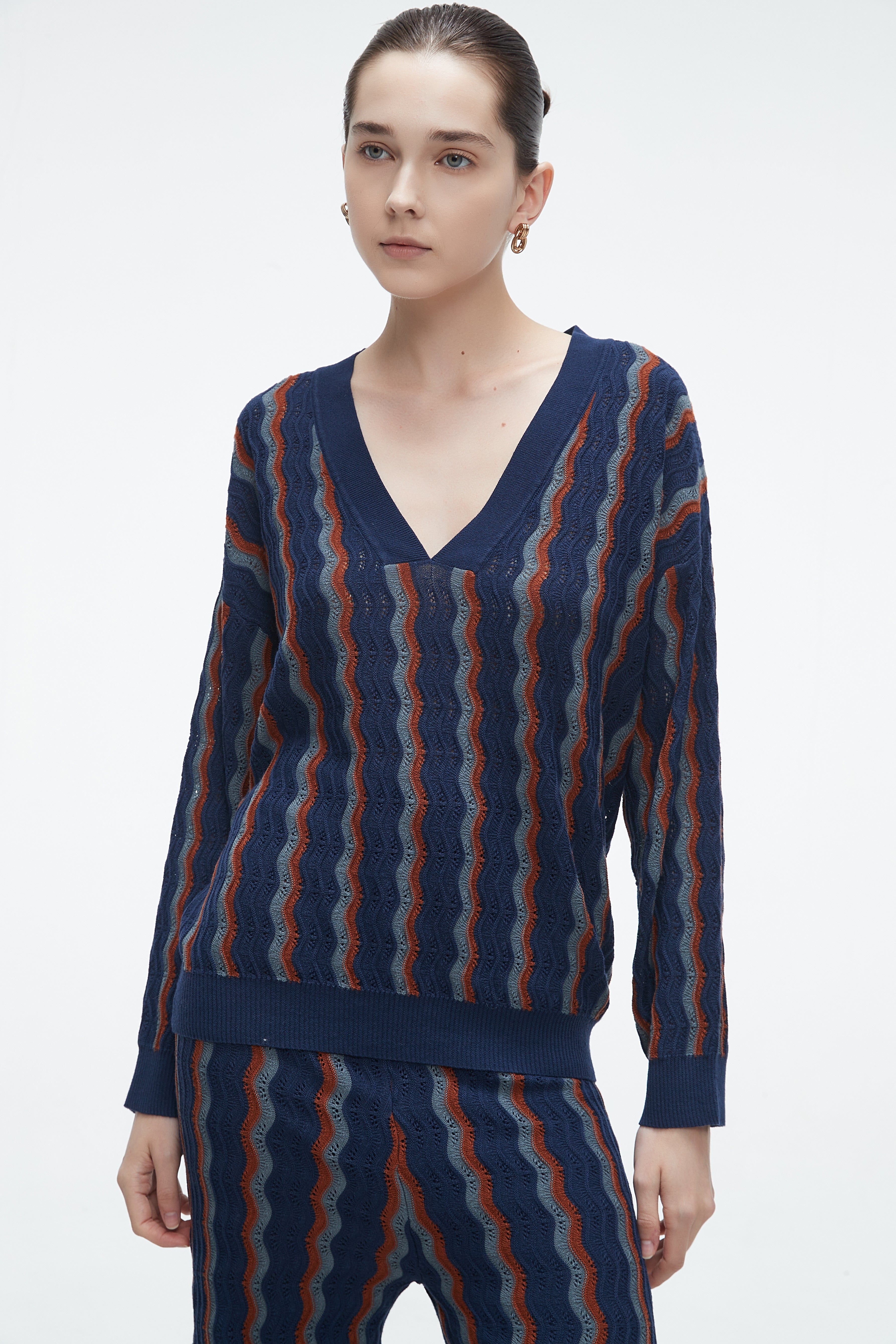 Winter Blouse With A V-Neck, Vertically Striped