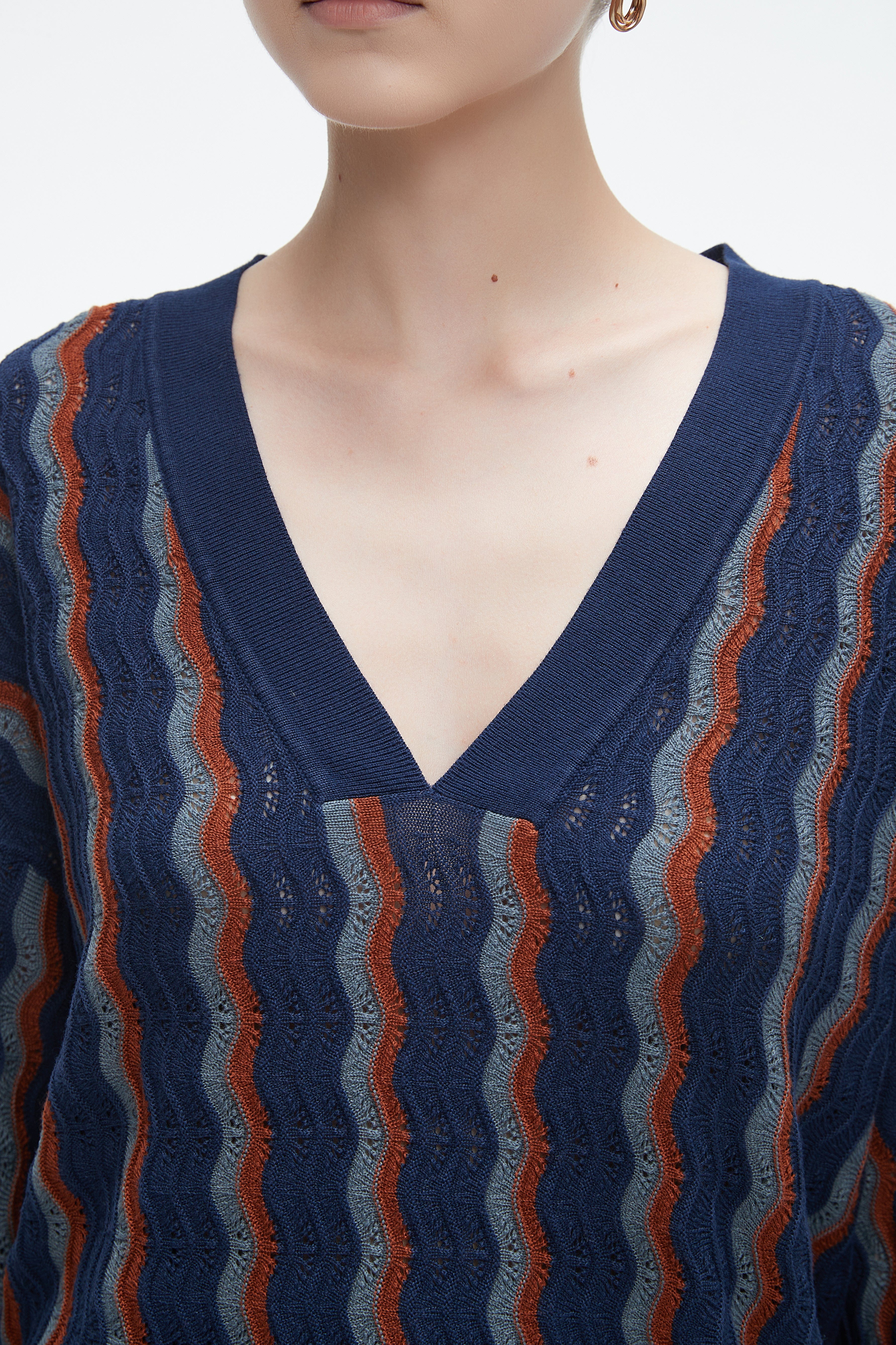 Winter Blouse With A V-Neck, Vertically Striped