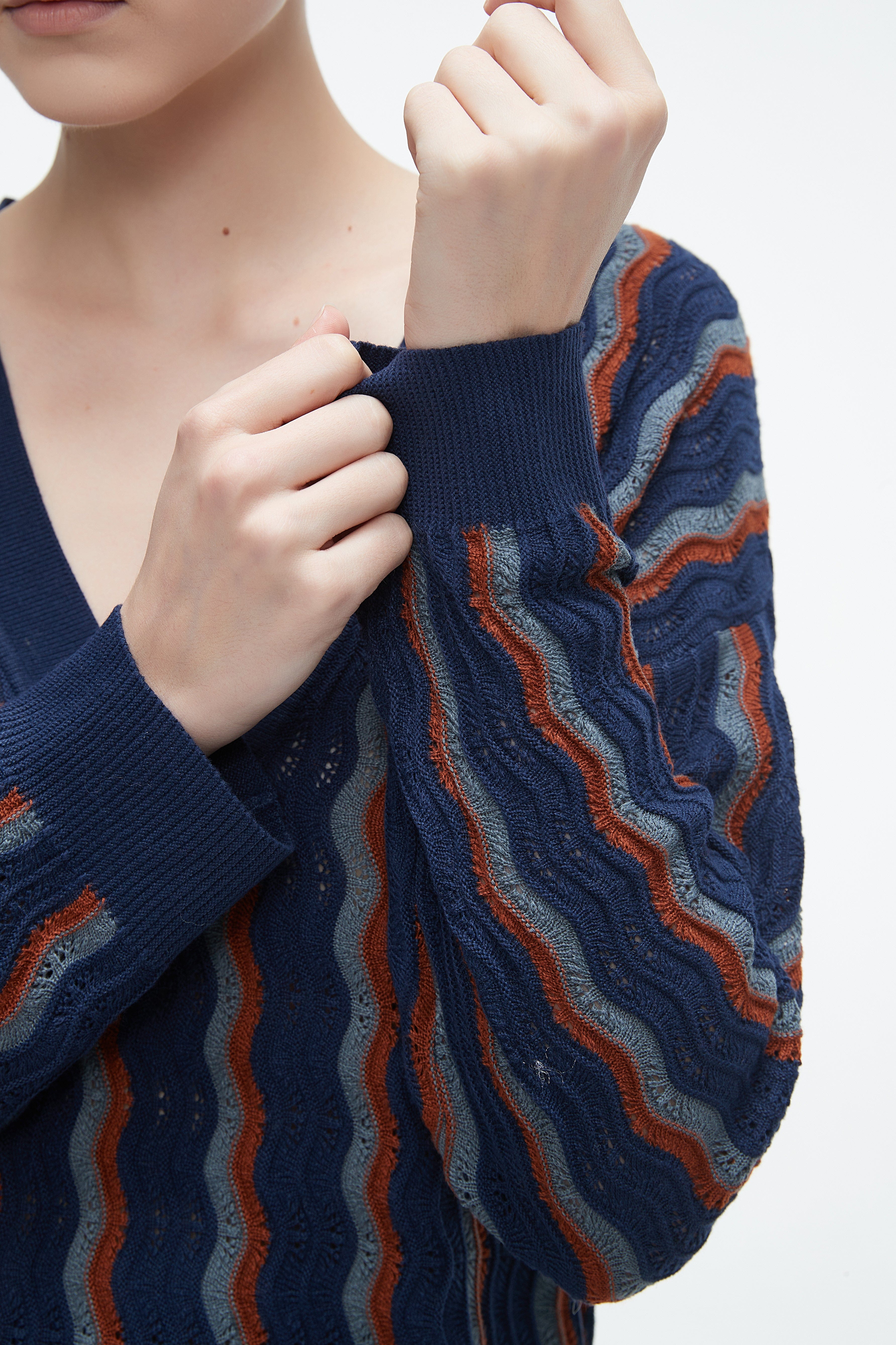 Winter Blouse With A V-Neck, Vertically Striped