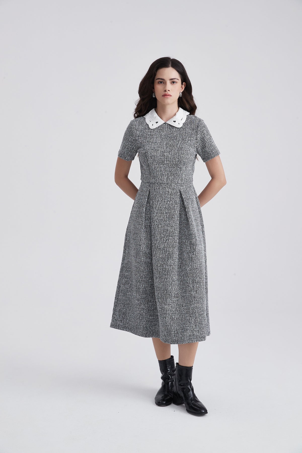 Short-Sleeve Midi Dress with Embellished Contrast Neckline