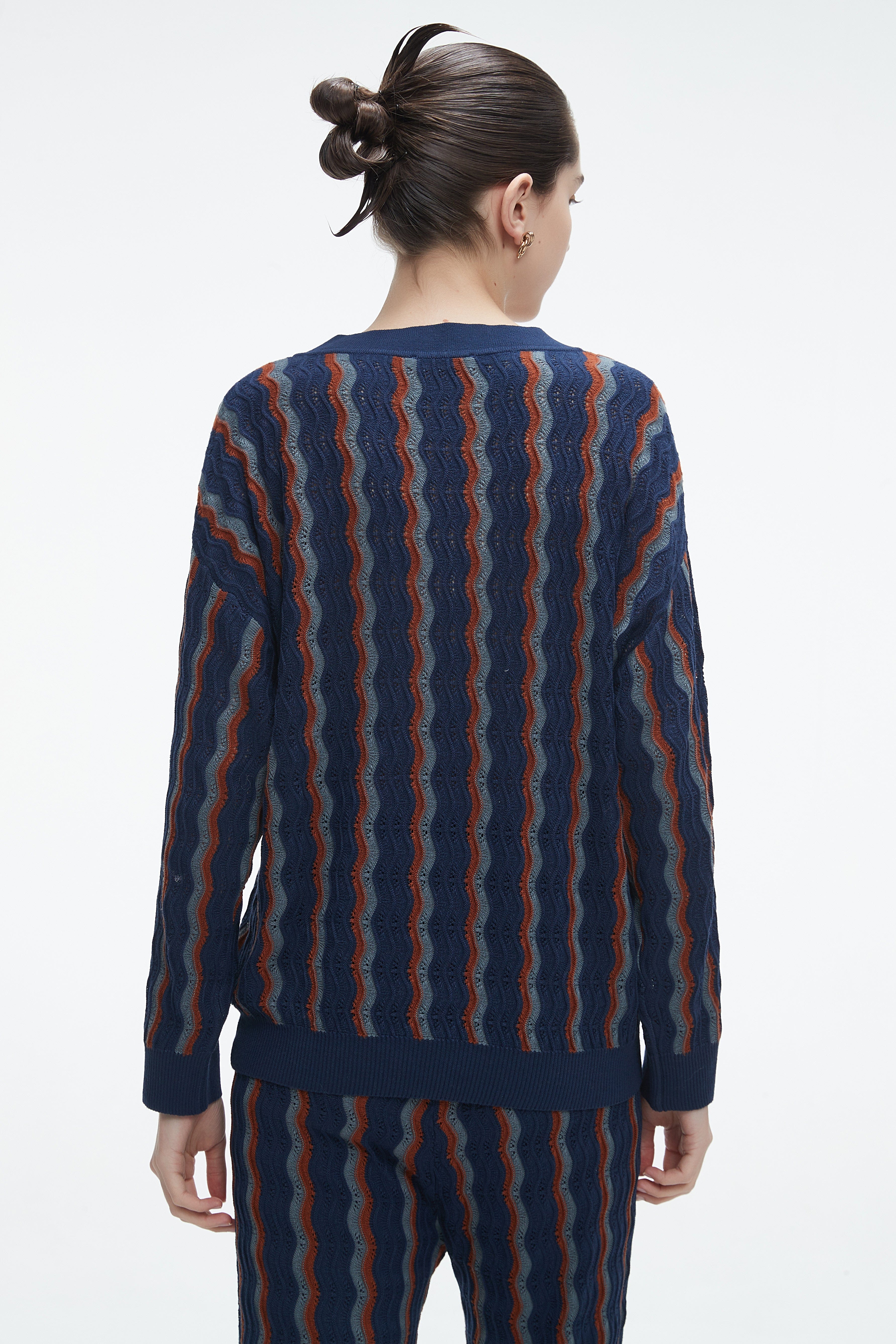 Winter Blouse With A V-Neck, Vertically Striped