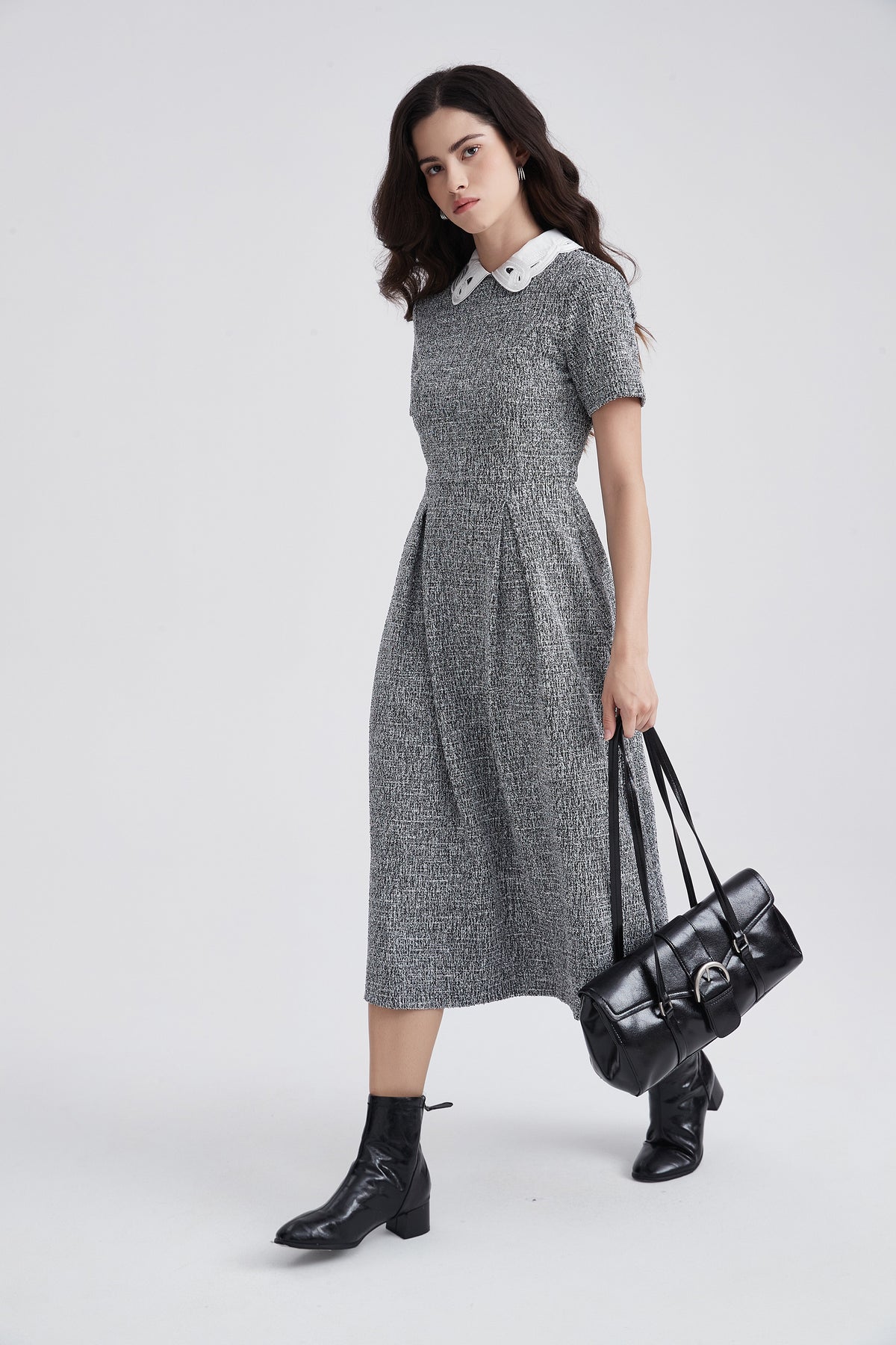 Short-Sleeve Midi Dress with Embellished Contrast Neckline