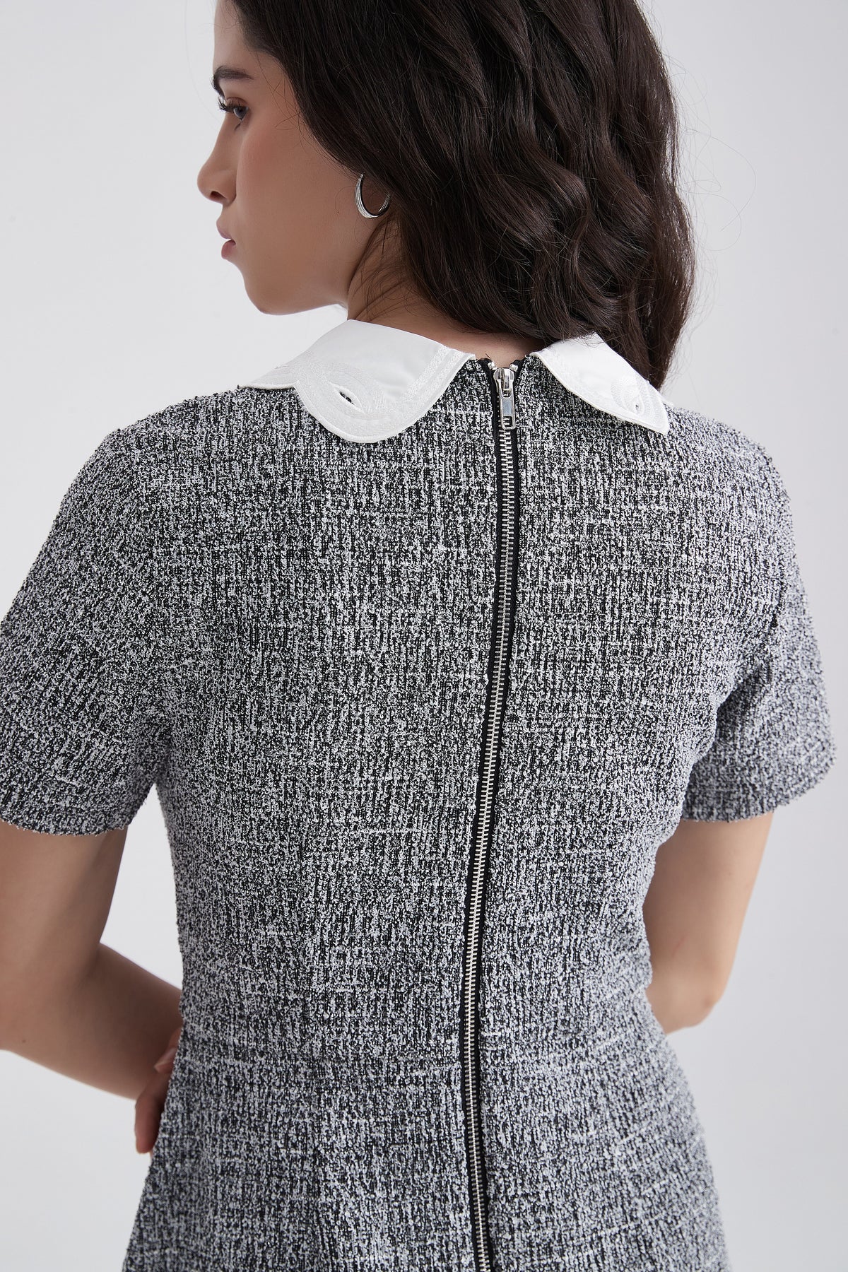 Short-Sleeve Midi Dress with Embellished Contrast Neckline