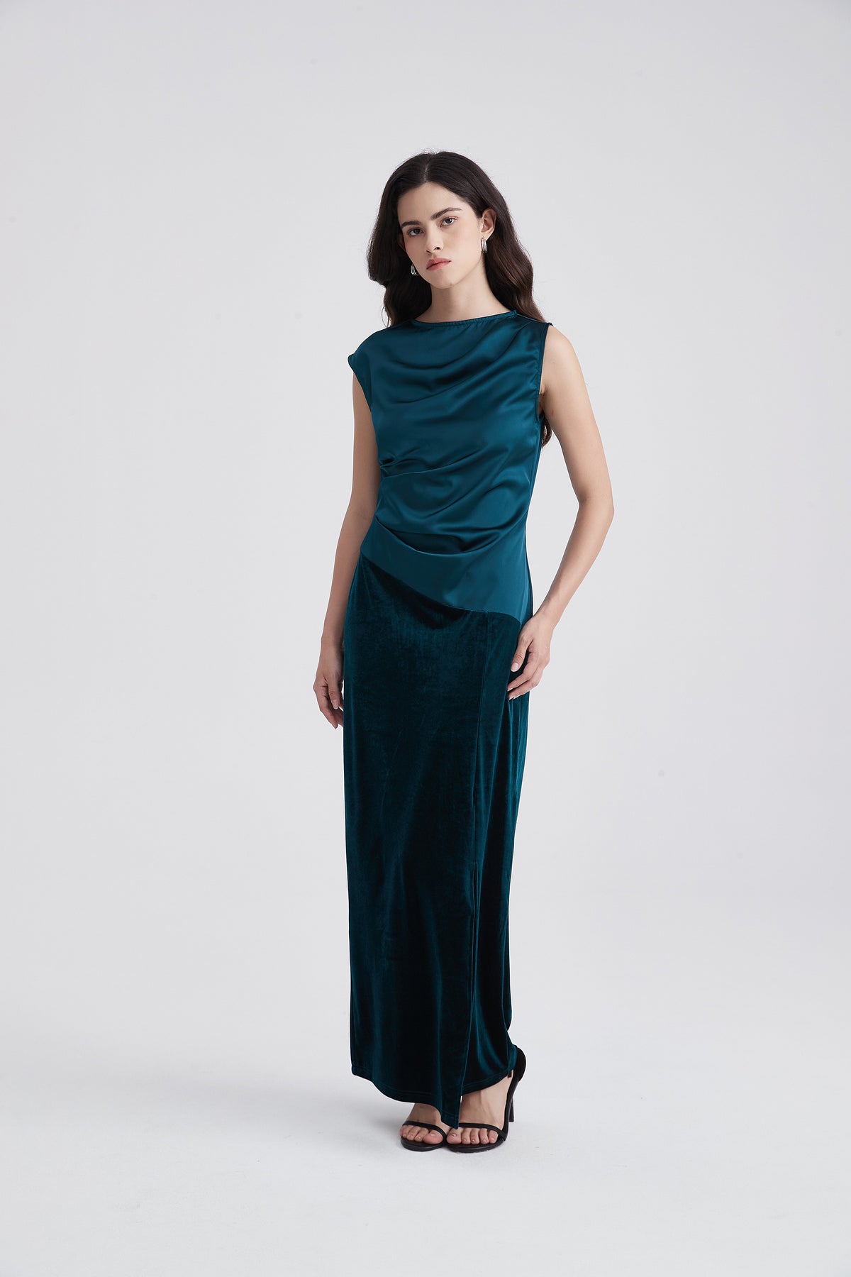 Sleeveless Draped Maxi Dress with Side Slit