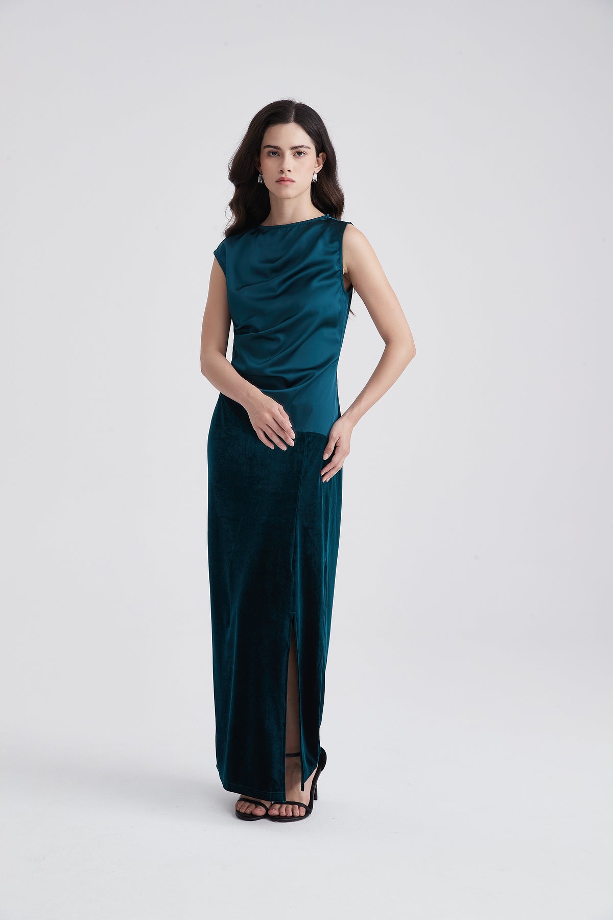 Sleeveless Draped Maxi Dress with Side Slit