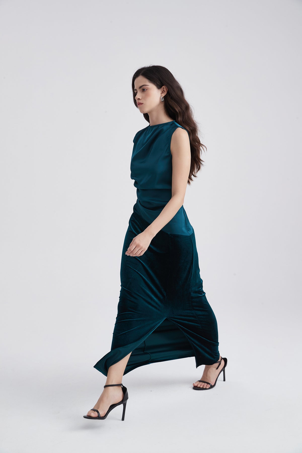 Sleeveless Draped Maxi Dress with Side Slit