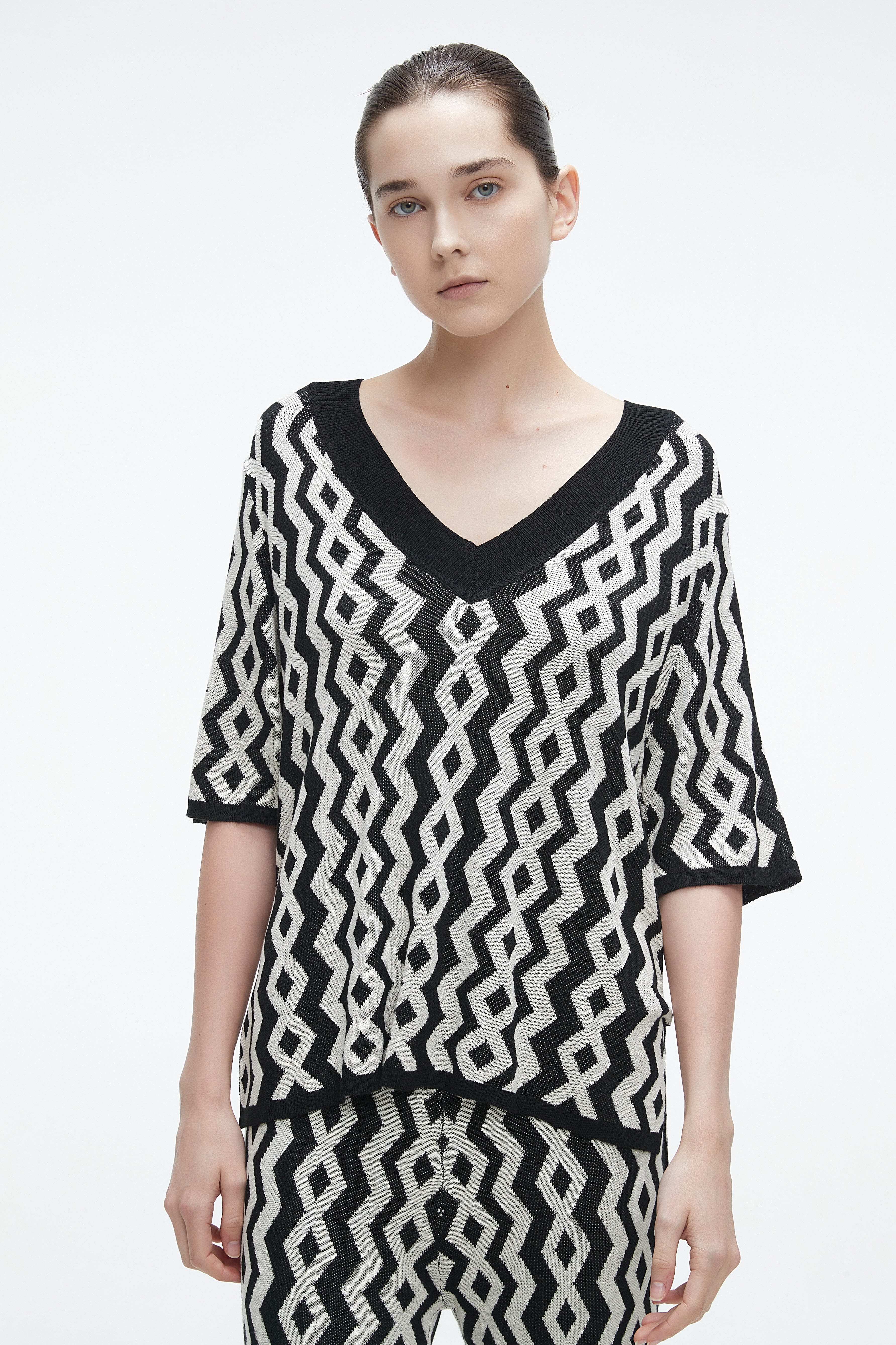 Short Sleeve Printed Blouse With V-Neck
