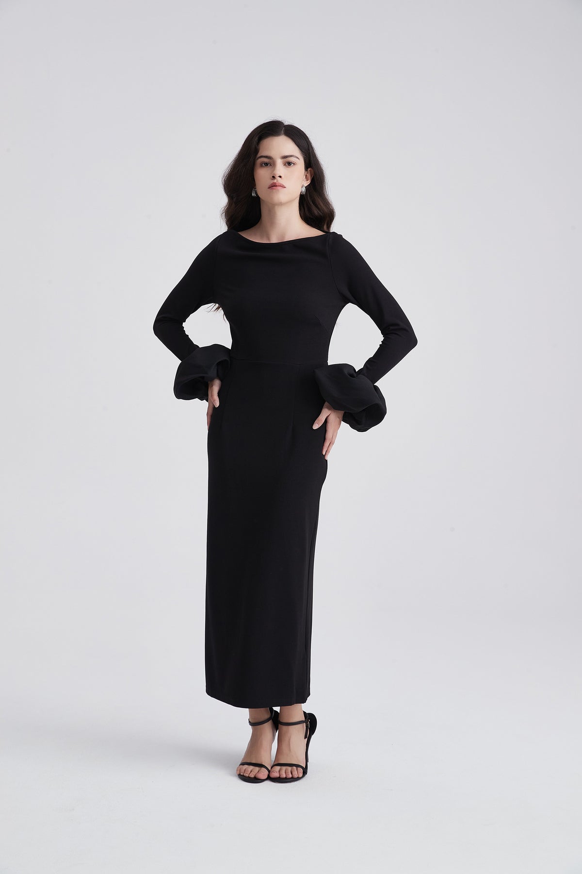 Long-Sleeve Midi Dress with Puff Cuffs