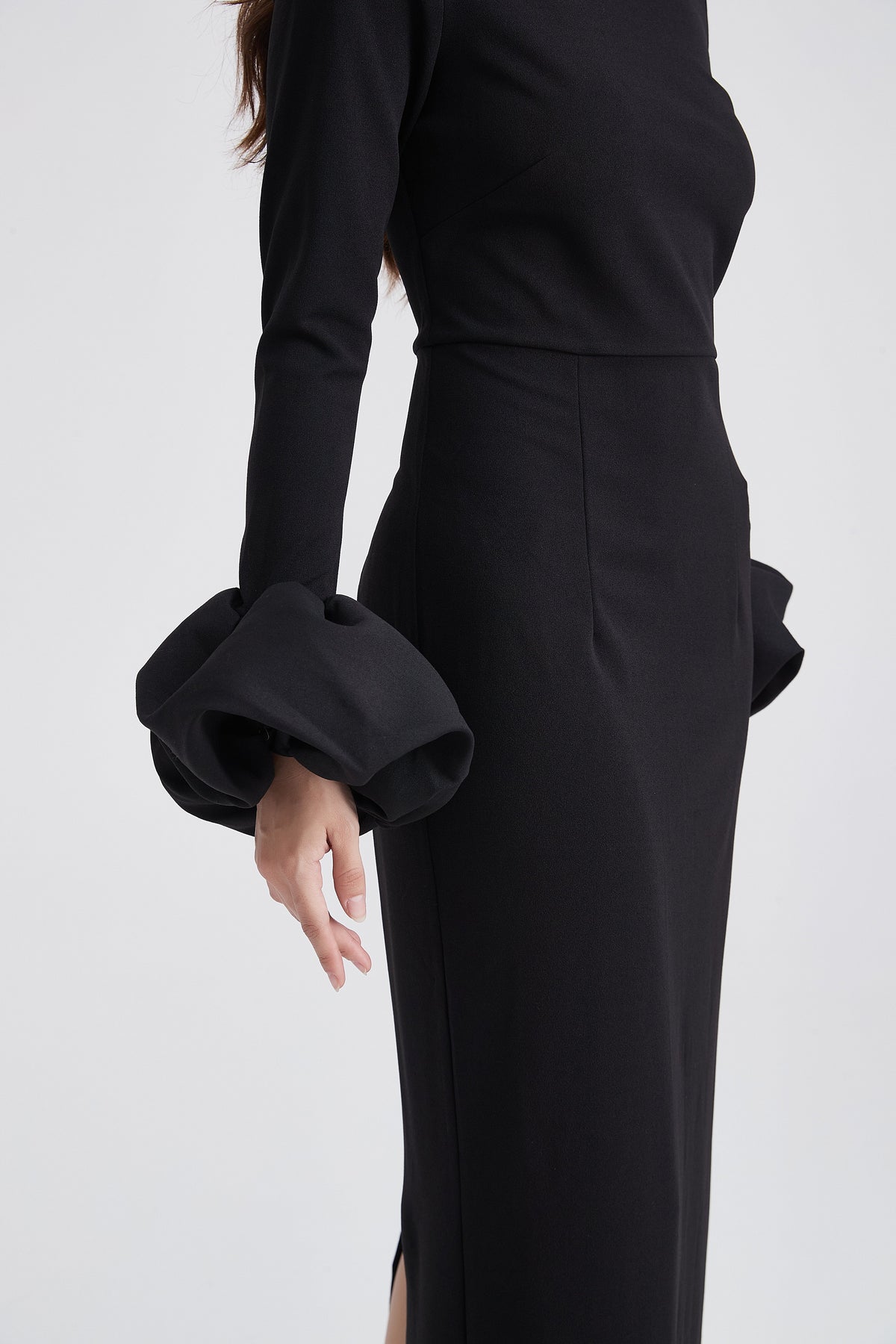 Long-Sleeve Midi Dress with Puff Cuffs