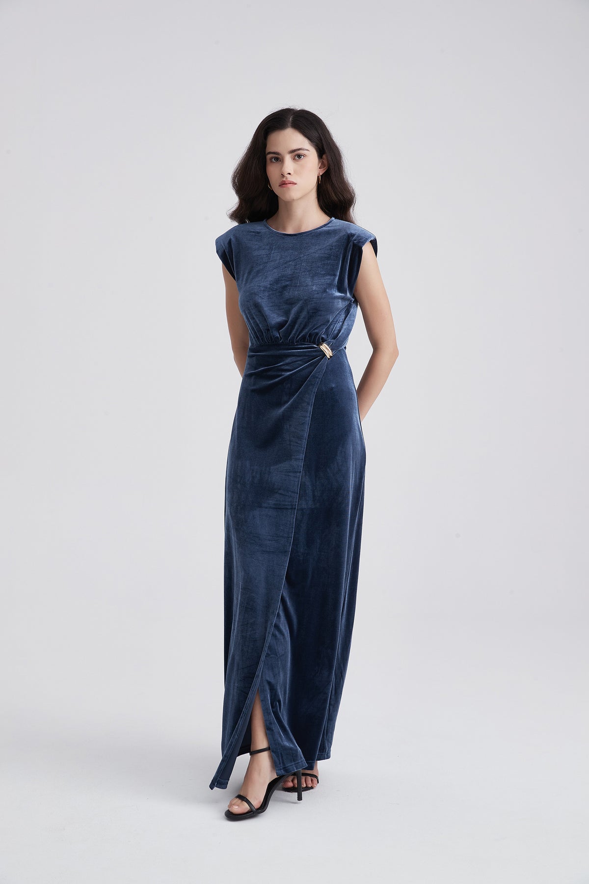 Sleeveless Draped Maxi Dress with Waist Embellishment