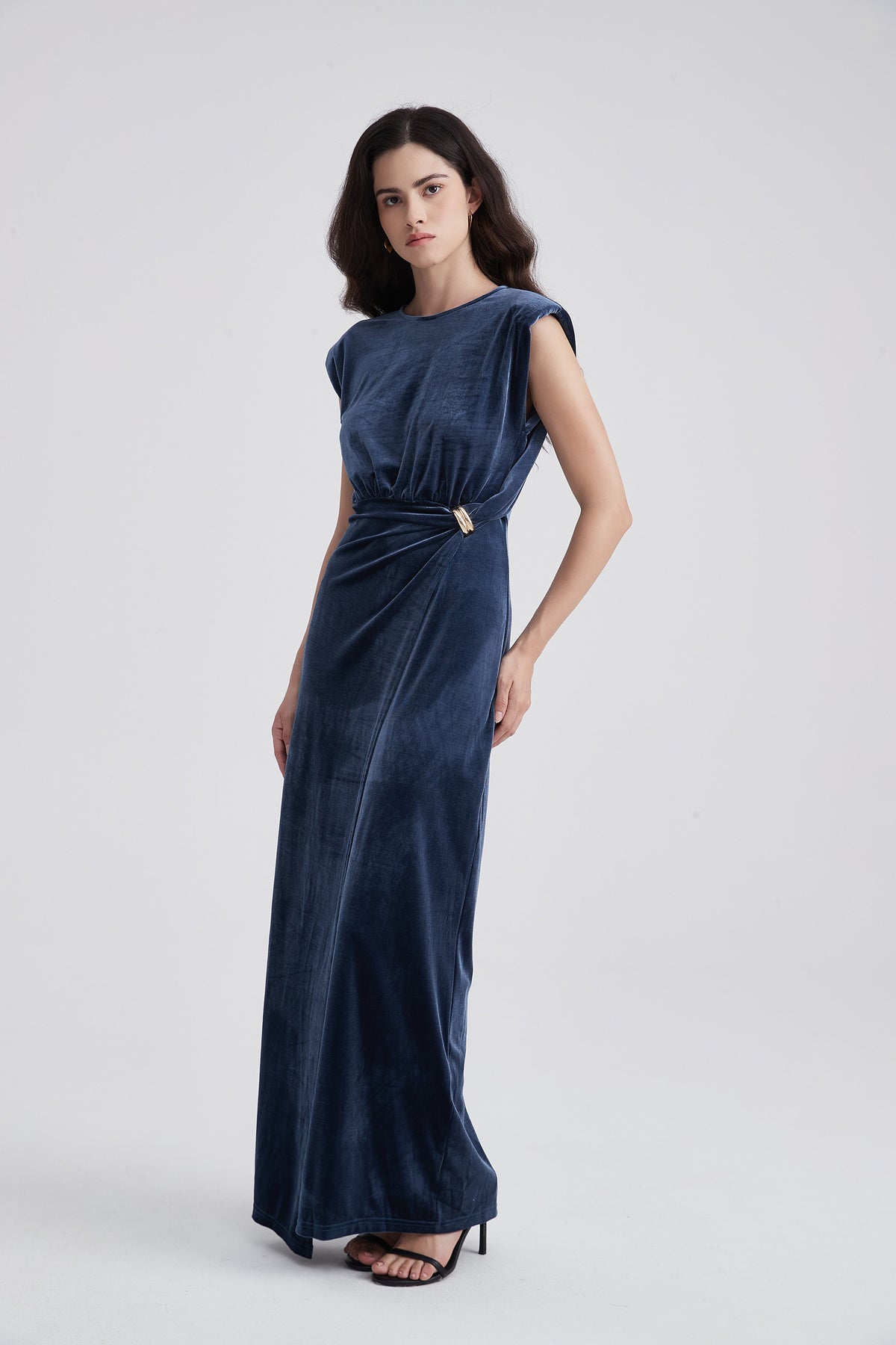 Sleeveless Draped Maxi Dress with Waist Embellishment