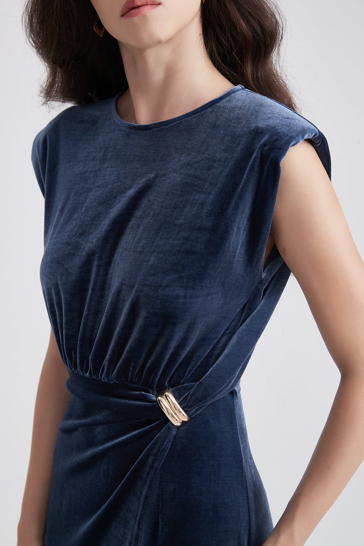 Sleeveless Draped Maxi Dress with Waist Embellishment