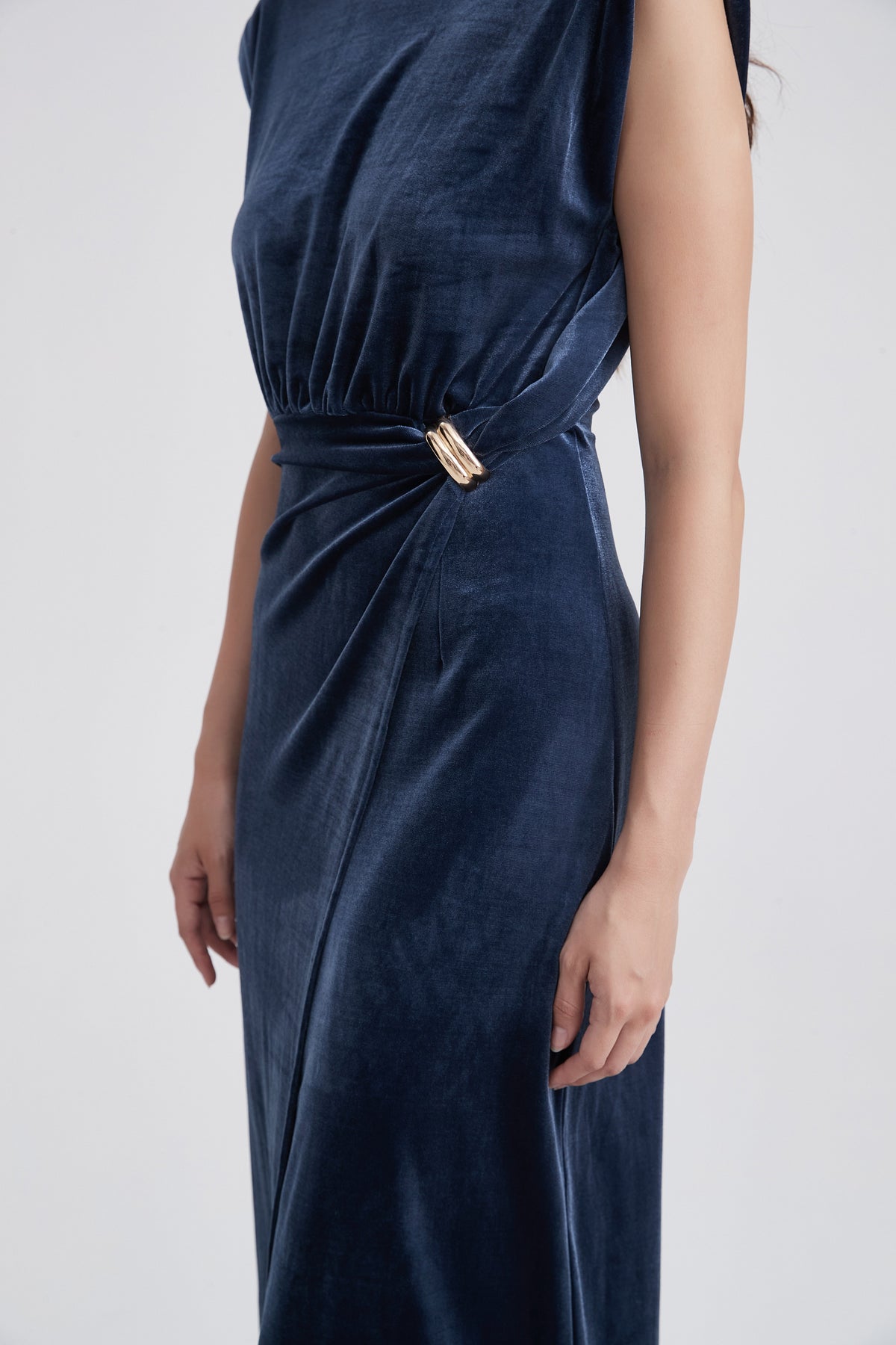 Sleeveless Draped Maxi Dress with Waist Embellishment