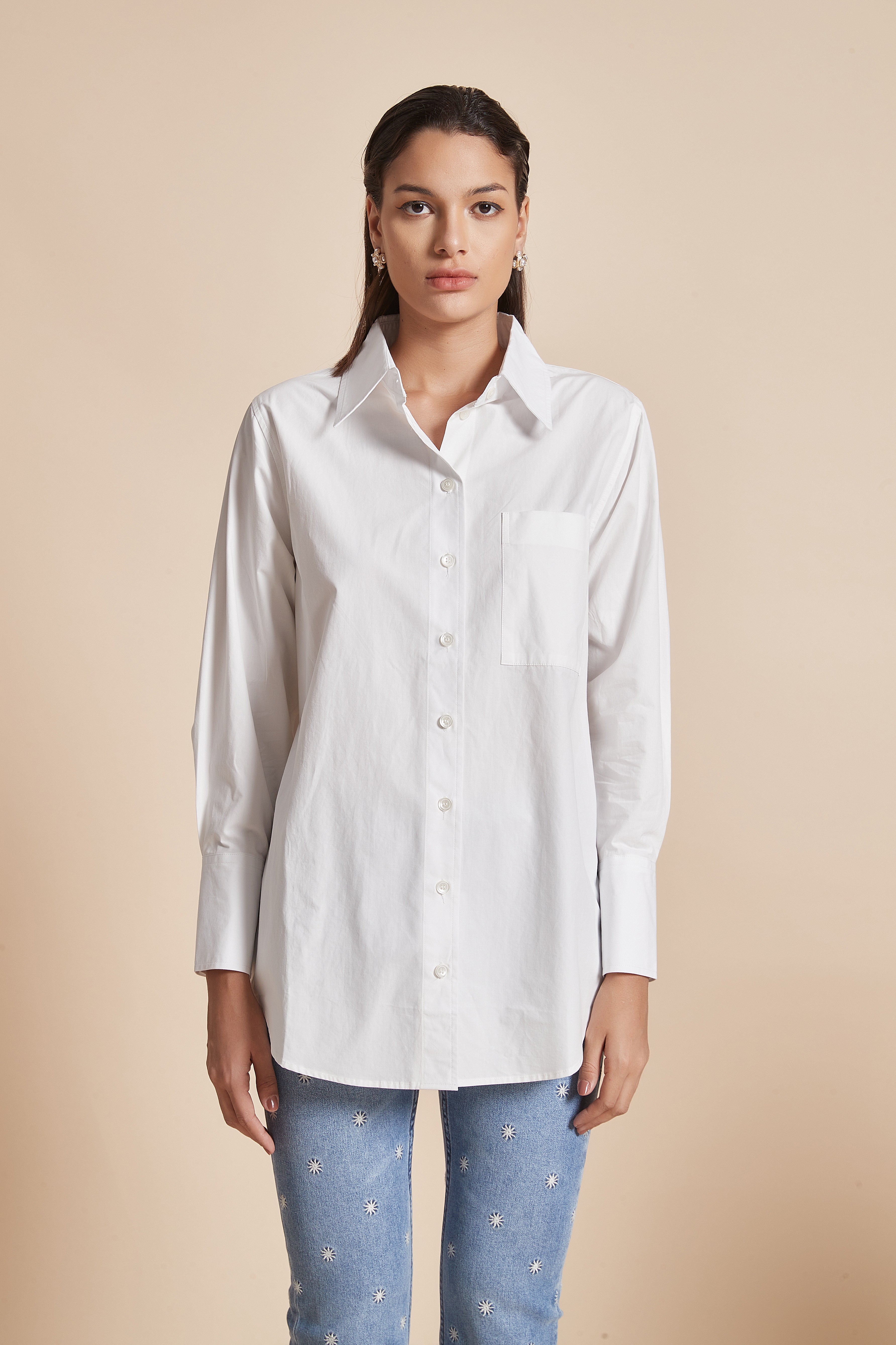 Yola Plain Hip-Length Women's Blouse with Long Sleeves, Shirt Collar, and Front Buttons