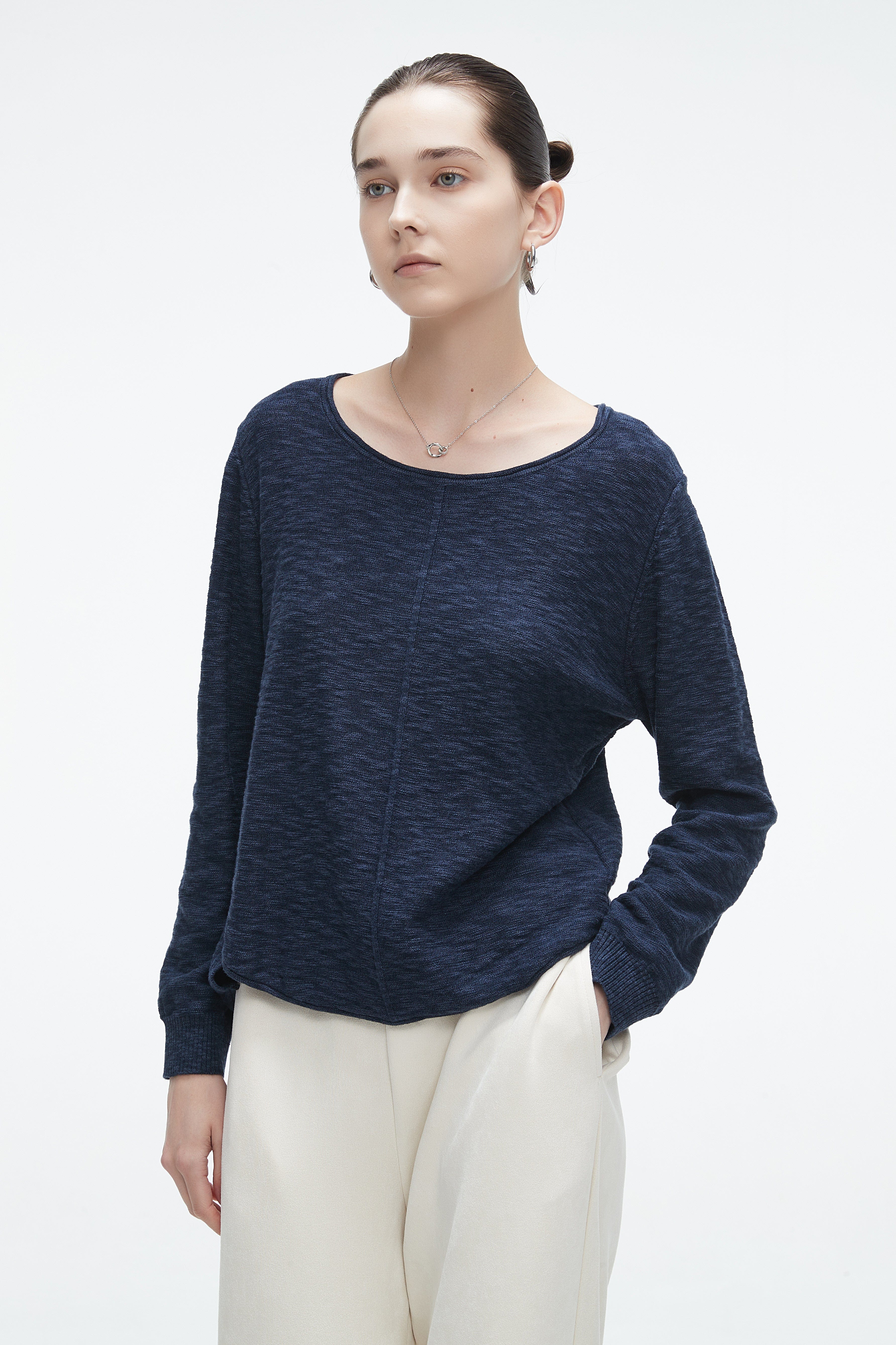 Solid Long Sleeve Blouse With Round Neck