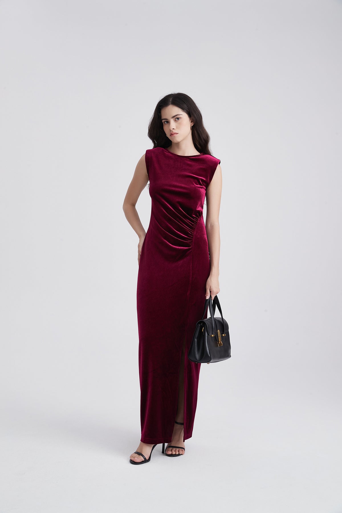 Sleeveless Velvet Maxi Dress with Front Slit