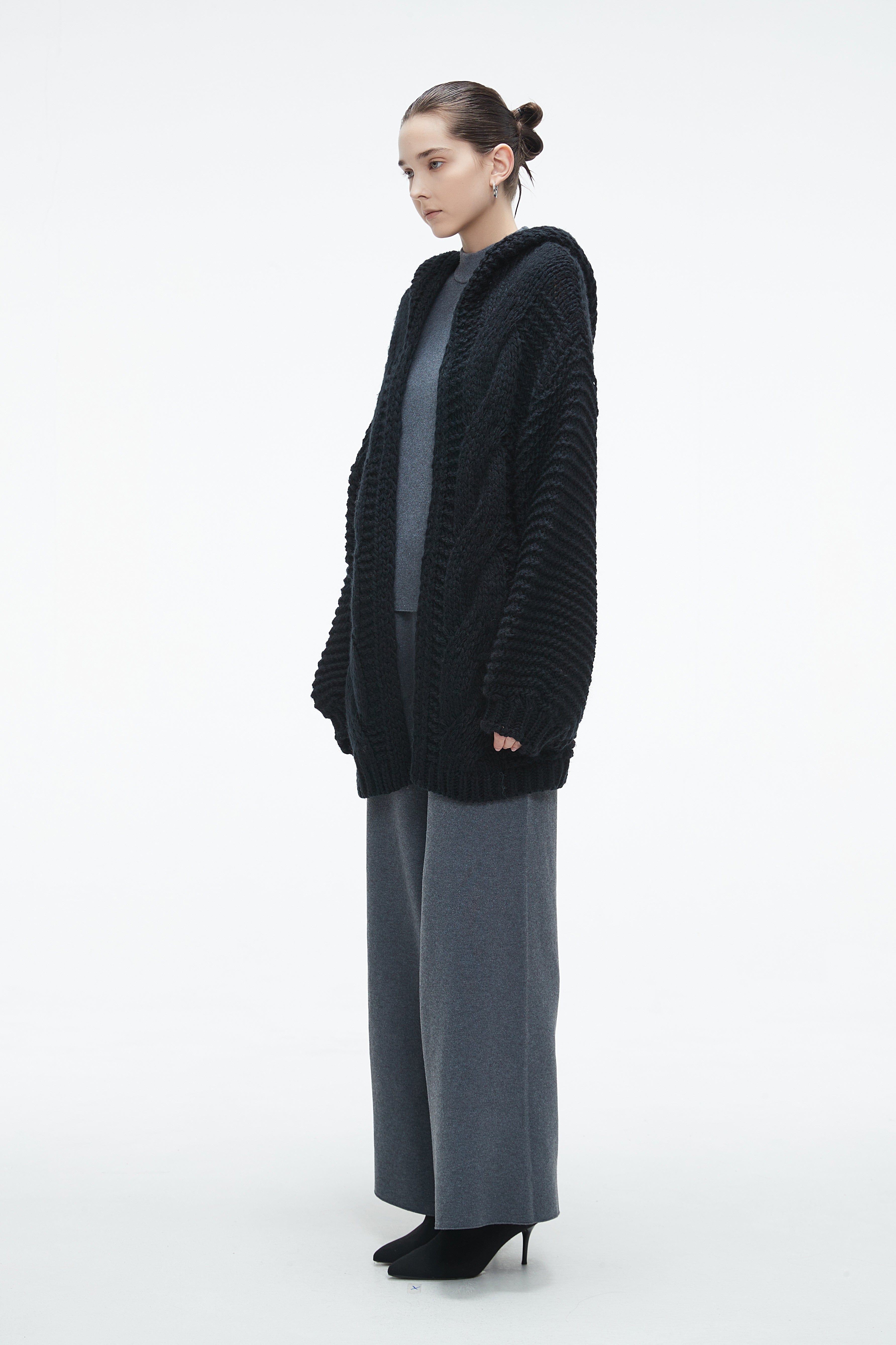 Long Wool Cardigan with Long Sleeves - Winter